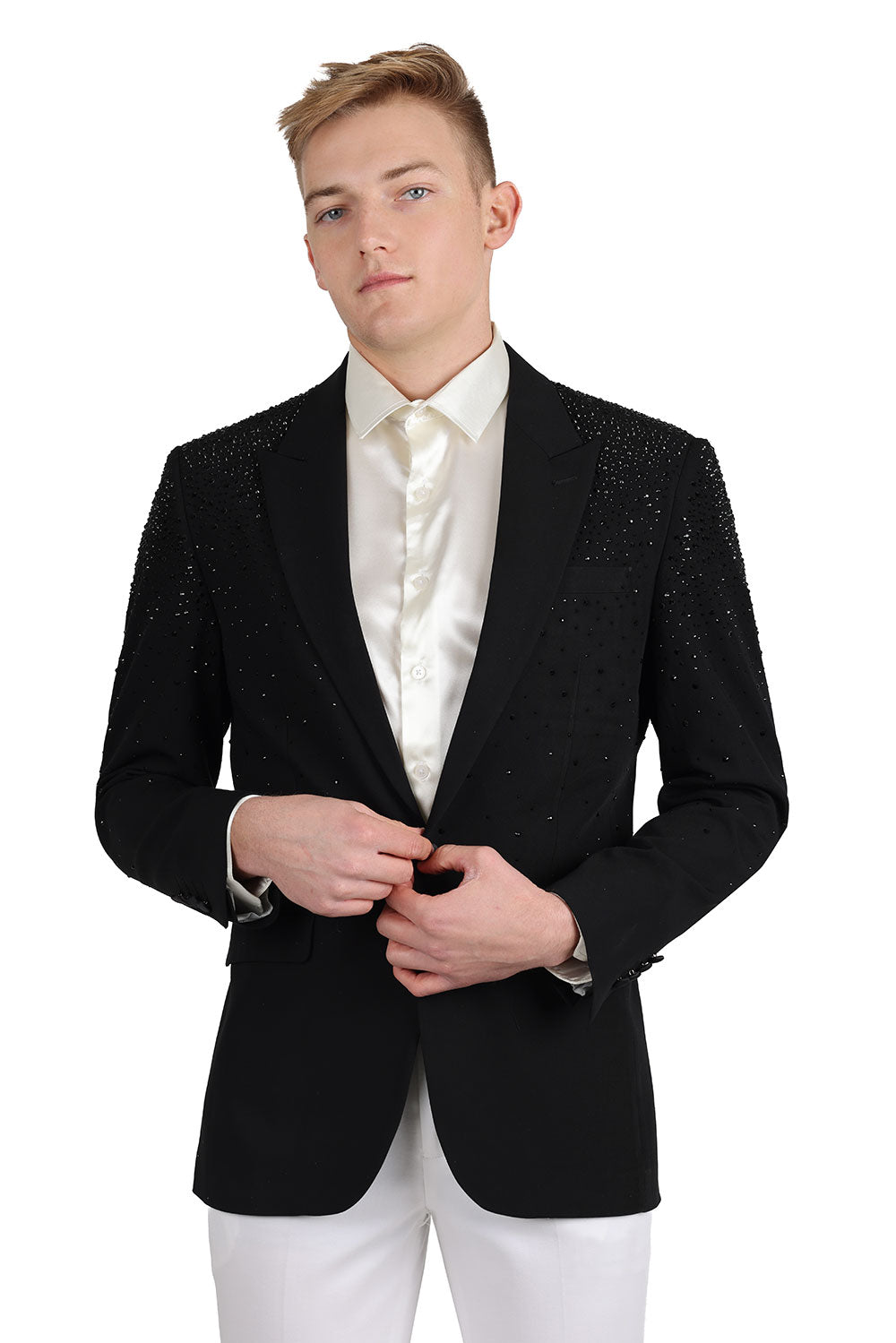 Barabas Men's Rhinestone Solid Color Notch Lapel Blazer 2BLR6 Black Black