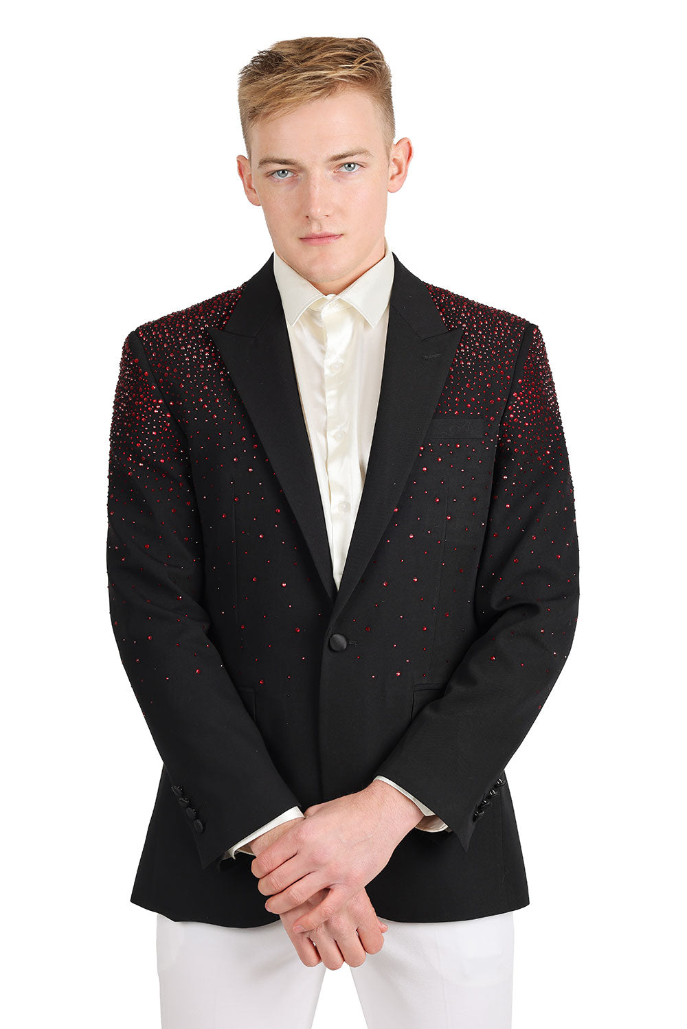 Barabas Men's Rhinestone Solid Color Notch Lapel Blazer 2BLR6 Black Red