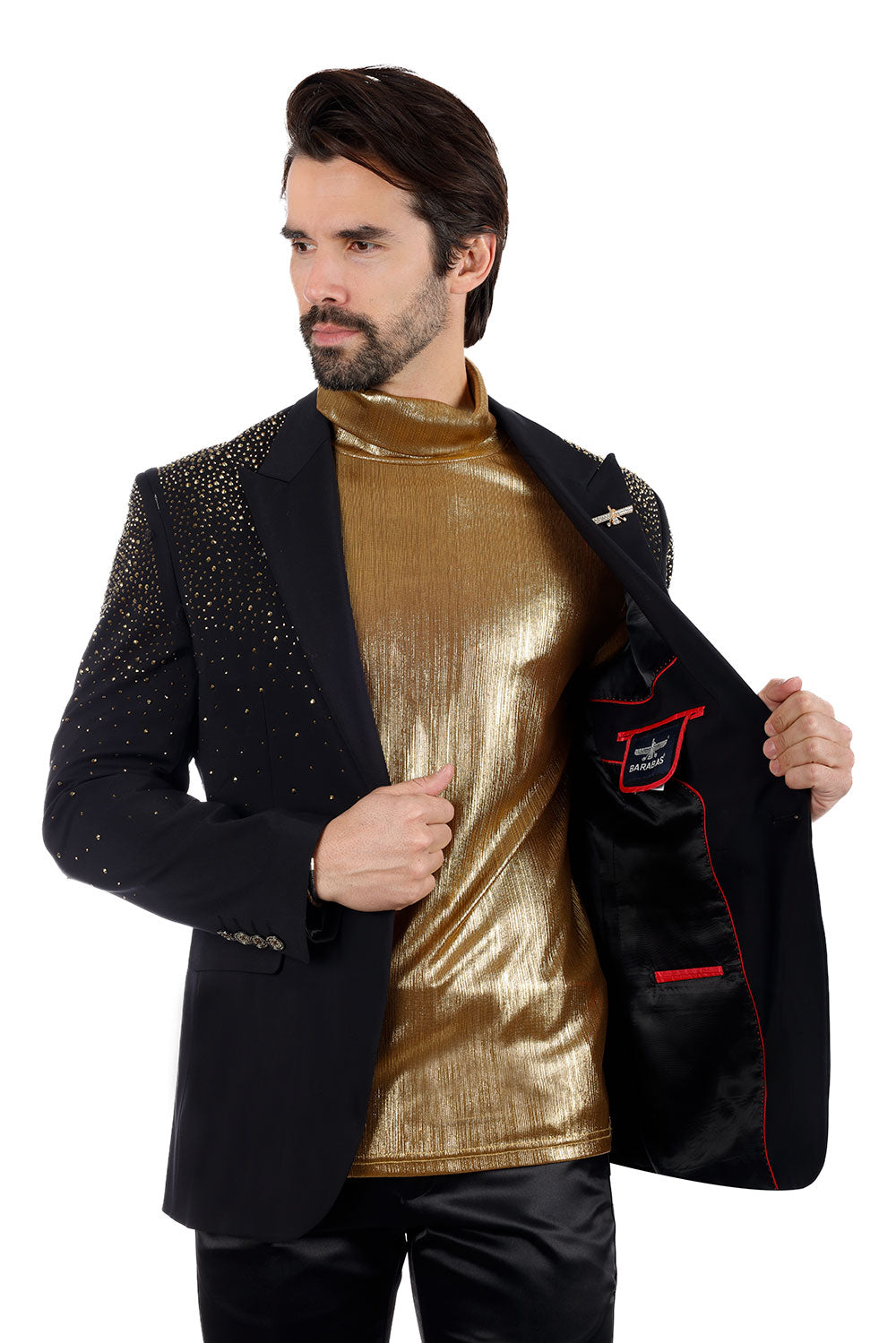 Barabas Men's Rhinestone Solid Color Notch Lapel Blazer 2BLR6 Black Gold