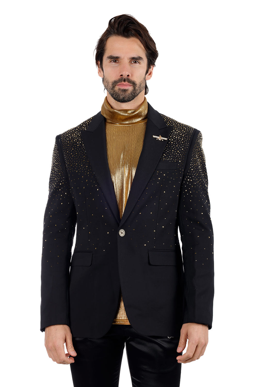 Barabas Men's Rhinestone Solid Color Notch Lapel Blazer 2BLR6 Black Gold