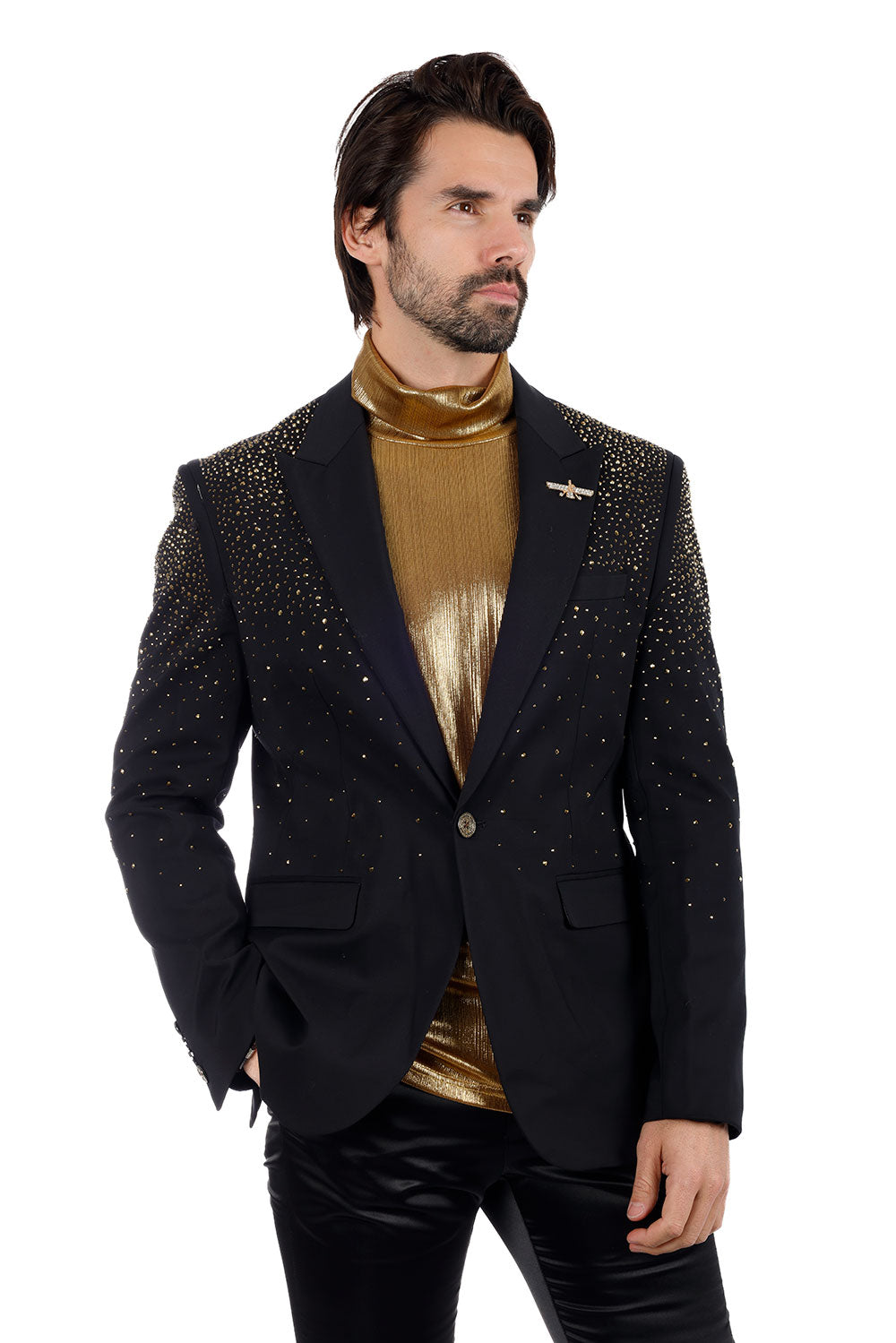 Barabas Men's Rhinestone Solid Color Notch Lapel Blazer 2BLR6 Black Gold