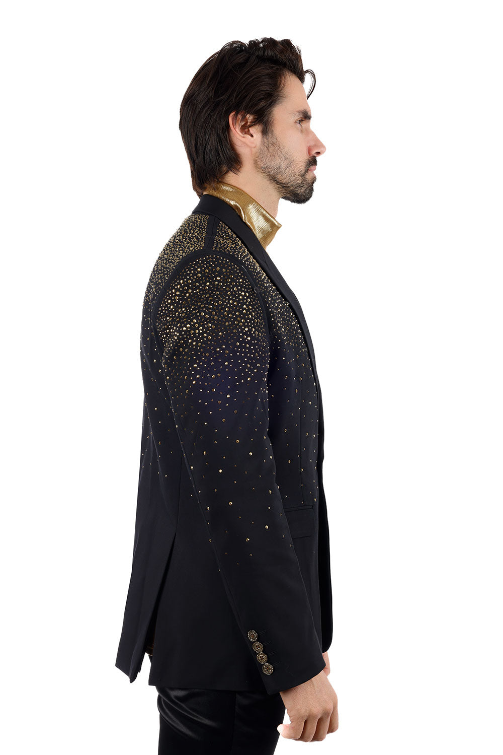 Barabas Men's Rhinestone Solid Color Notch Lapel Blazer 2BLR6 Black Gold