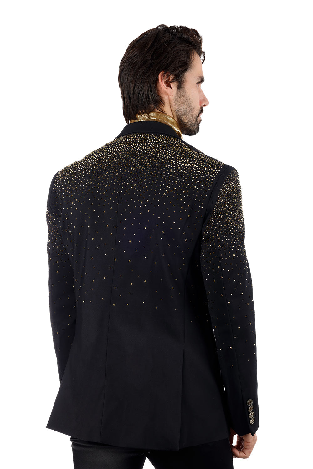 Barabas Men's Rhinestone Solid Color Notch Lapel Blazer 2BLR6 Black Gold