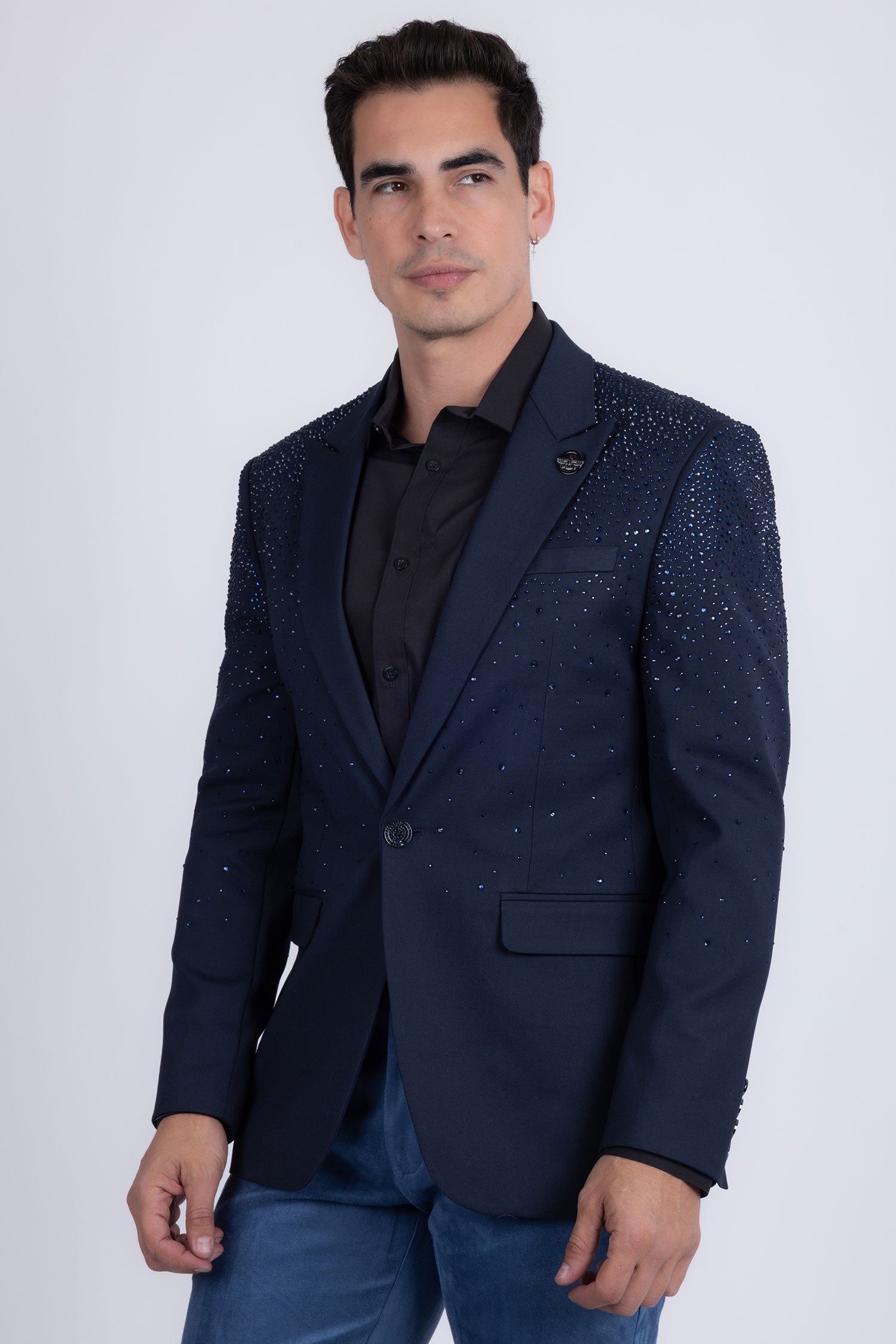 Barabas Men's Rhinestone Matte Color Notch Lapel Casual Blazer 2BLR6 Navy