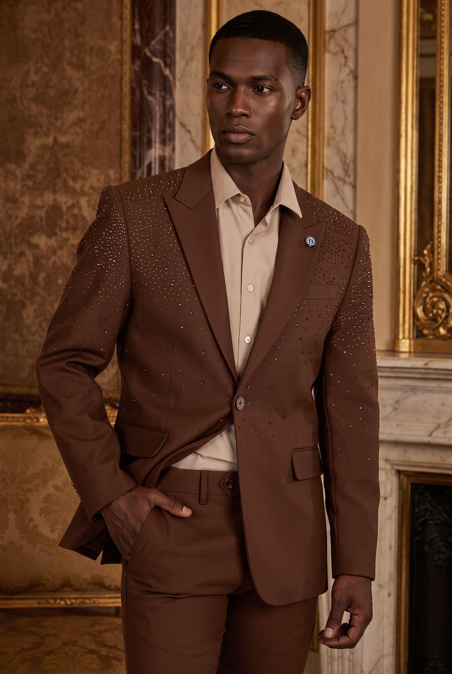 Barabas Men's Rhinestone Solid Color Notch Lapel Blazer 2BLR6 Sepia