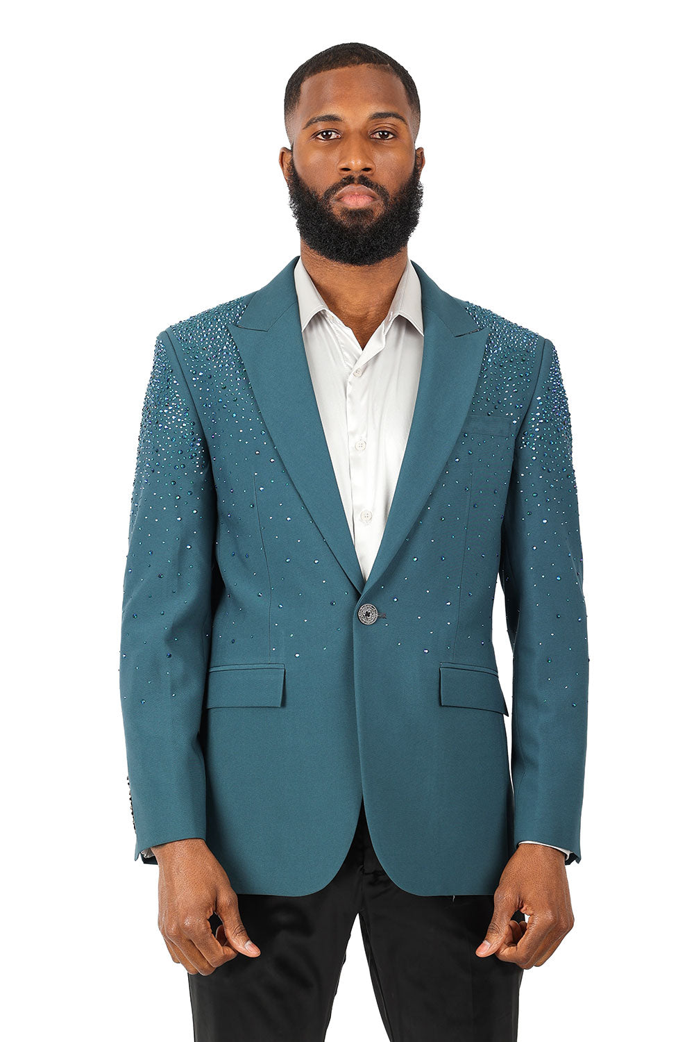 Barabas Men's Rhinestone Solid Color Notch Lapel Blazer 2BLR6 Teal