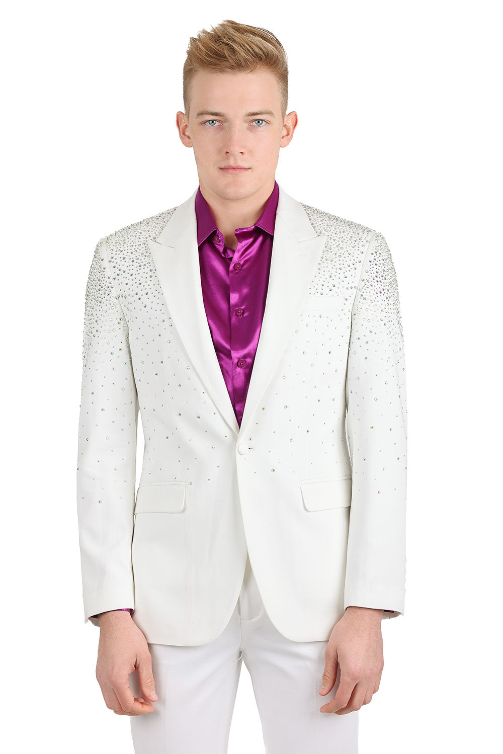 Barabas Men's Rhinestone Solid Color Notch Lapel Blazer 2BLR6 White Silver Gold