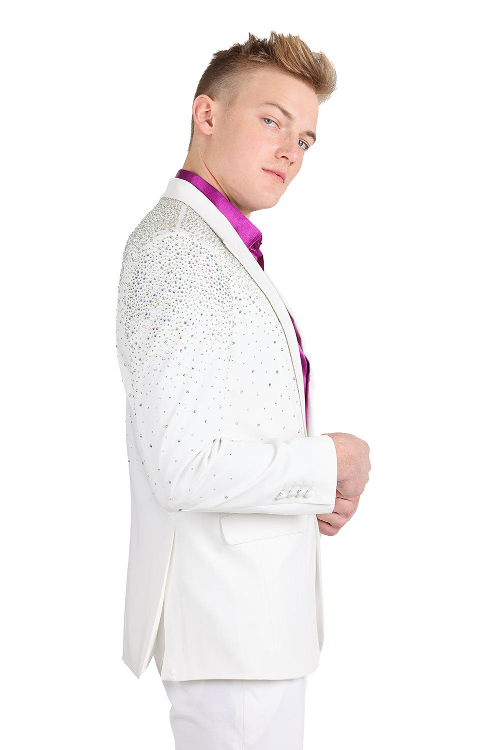 Barabas Men's Rhinestone Solid Color Notch Lapel Blazer 2BLR6 White Silver Gold