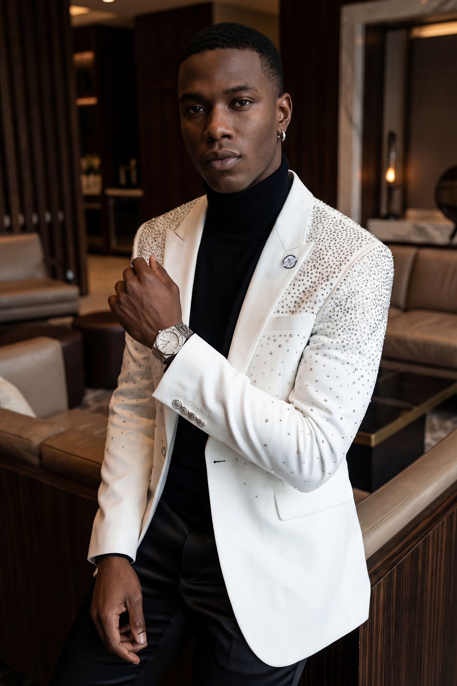 Barabas Men's Rhinestone Solid Color Notch Lapel Blazer 2BLR6 White Silver