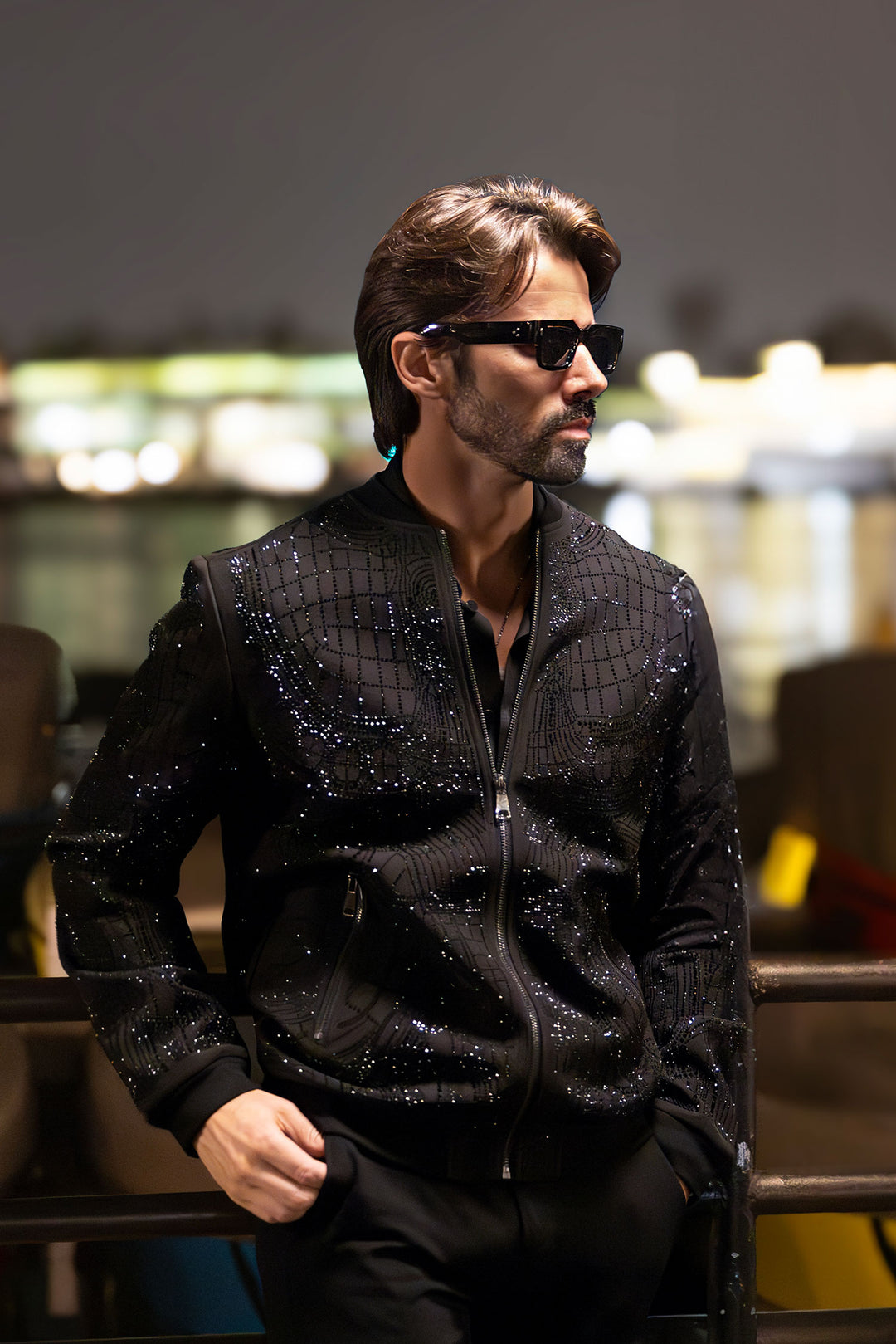 BARABAS Men's Geometric Rhinestone Luxury Bomber Biker Jacket 2BP26 Black