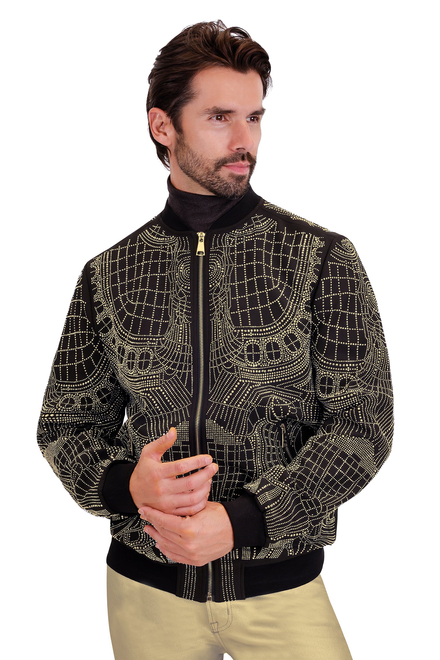 BARABAS Men's Geometric Rhinestone Luxury Bomber Biker Jacket 2BP26 Gold