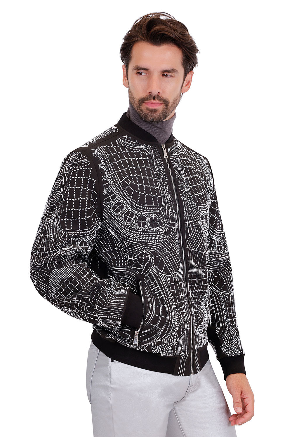 BARABAS Men's Geometric Rhinestone Luxury Bomber Biker Jacket 2BP26