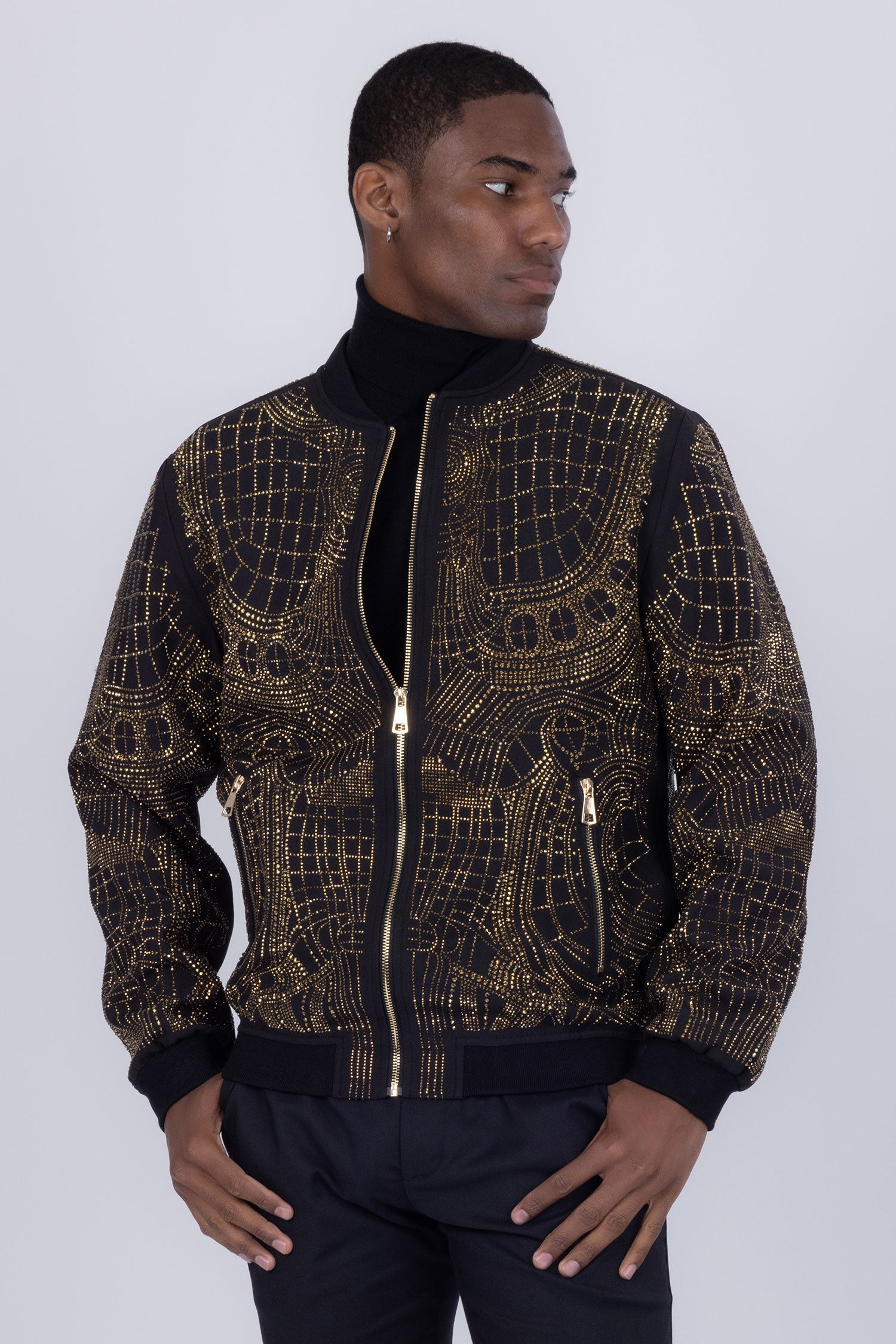 BARABAS Men's Geometric Rhinestone Luxury Bomber Biker Jacket 2BP26 Black Gold