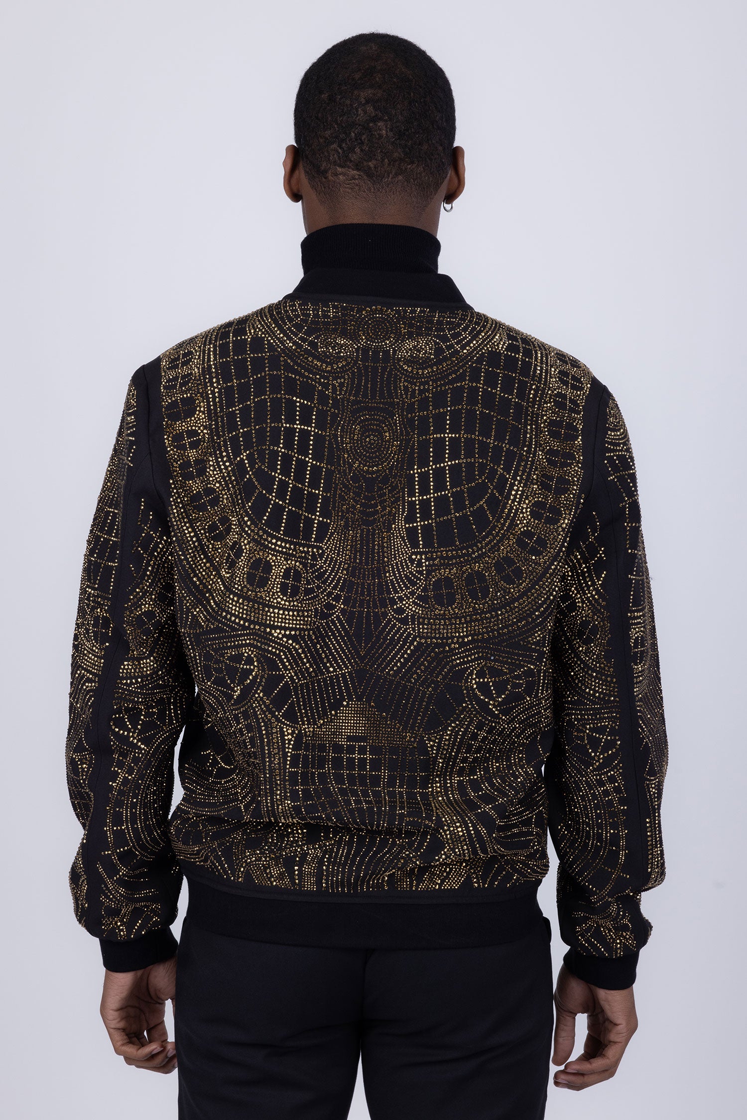 BARABAS Men's Geometric Rhinestone Luxury Bomber Biker Jacket 2BP26 Black Gold