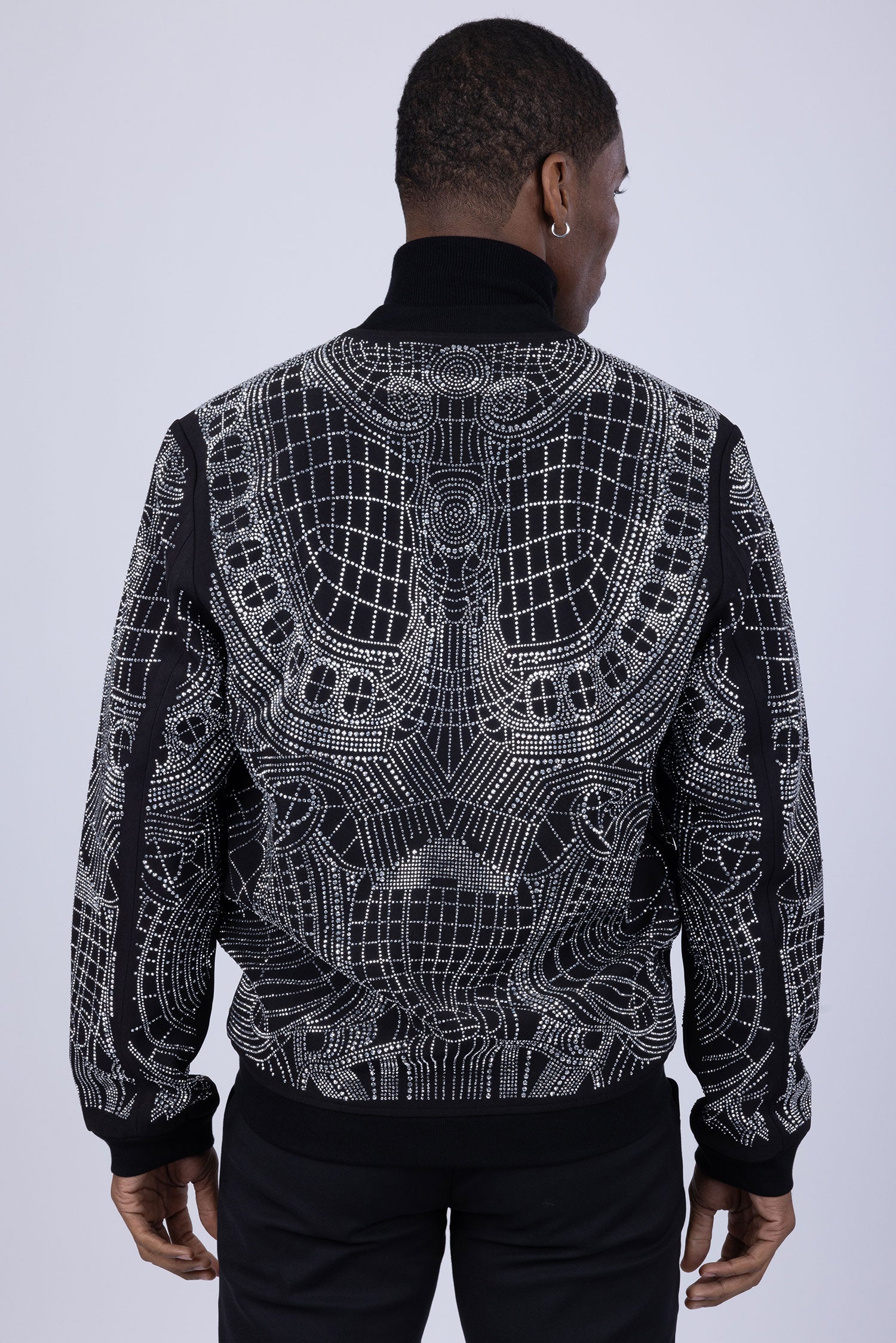 BARABAS Men's Geometric Rhinestone Luxury Bomber Biker Jacket 2BP26 Black Silver