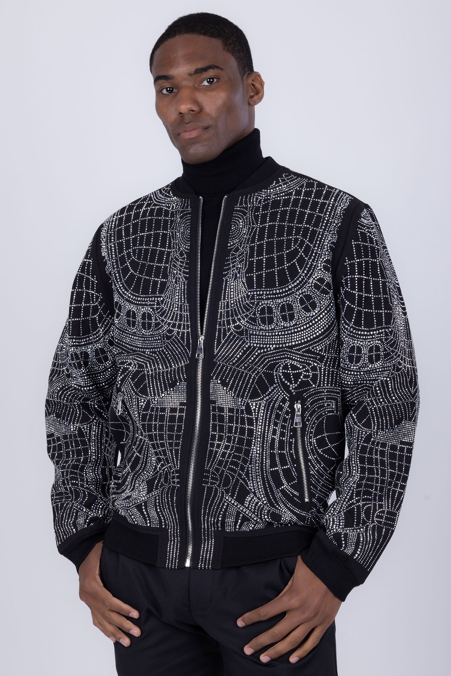 BARABAS Men's Geometric Rhinestone Luxury Bomber Biker Jacket 2BP26 Black Silver