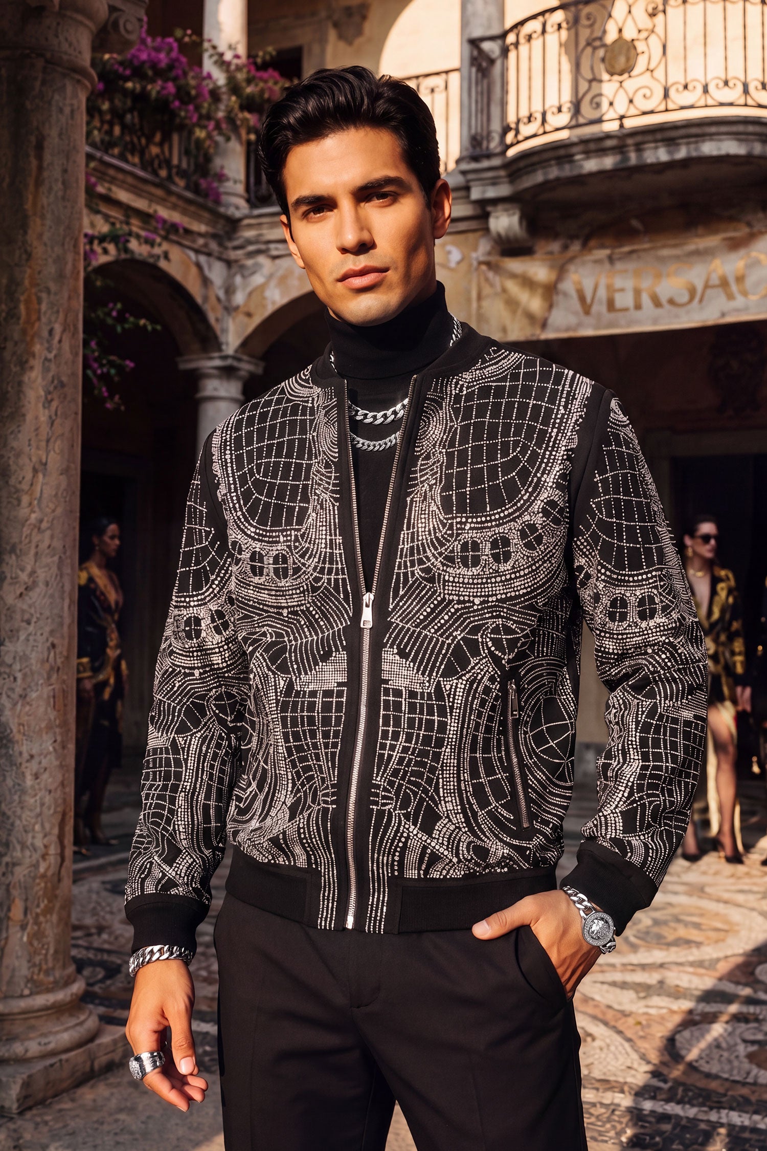 BARABAS Men's Geometric Rhinestone Luxury Bomber Biker Jacket 2BP26 Black Silver