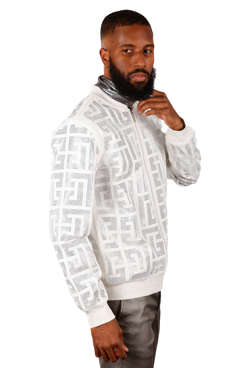 Barabas Men's Rhinestone Geometric Baseball Collar Bomber Jacket 2BPR7 White Silver