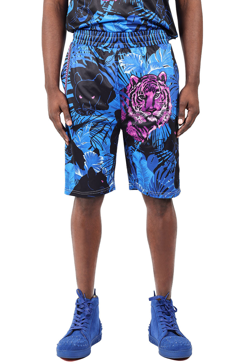Barabas Men's Printed Tiger Floral Short Sleeve Casual Shorts 2BSP01 Navy