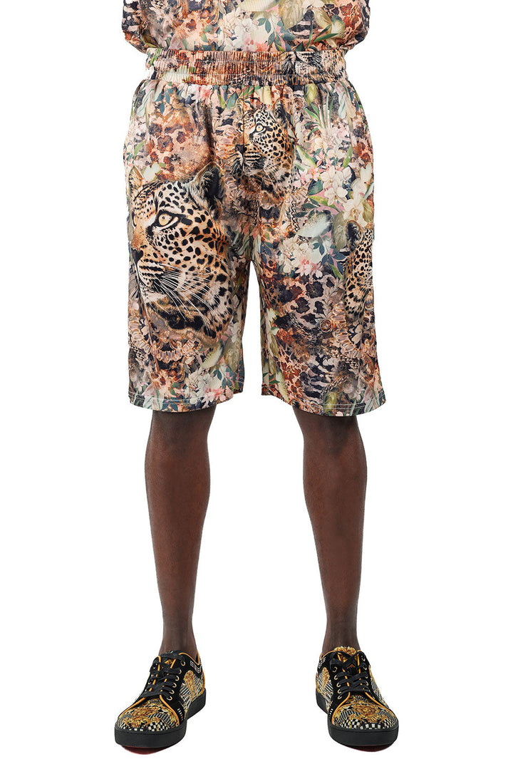 Barabas Men's Leopard Floral Baroque Design Casual Shorts 2BSP09 Sepia