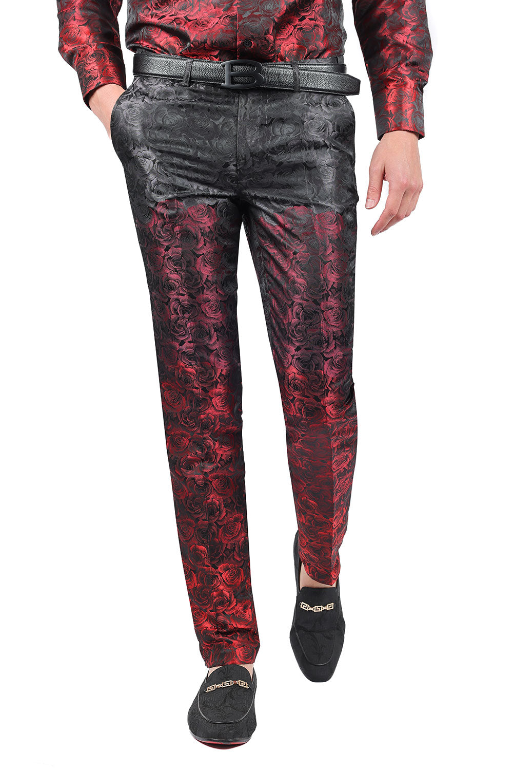 Barabas Men's Floral Rose Shiny Metallic Dress Pants 2CP03 Red