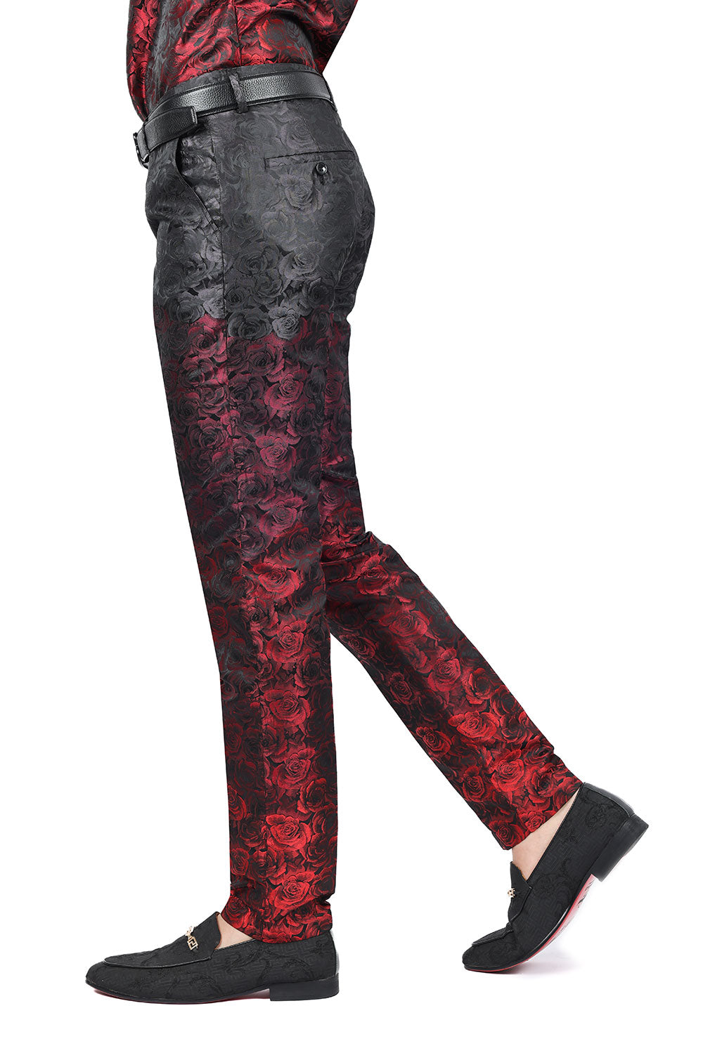 Barabas Men's Floral Rose Shiny Metallic Dress Pants 2CP03 Red