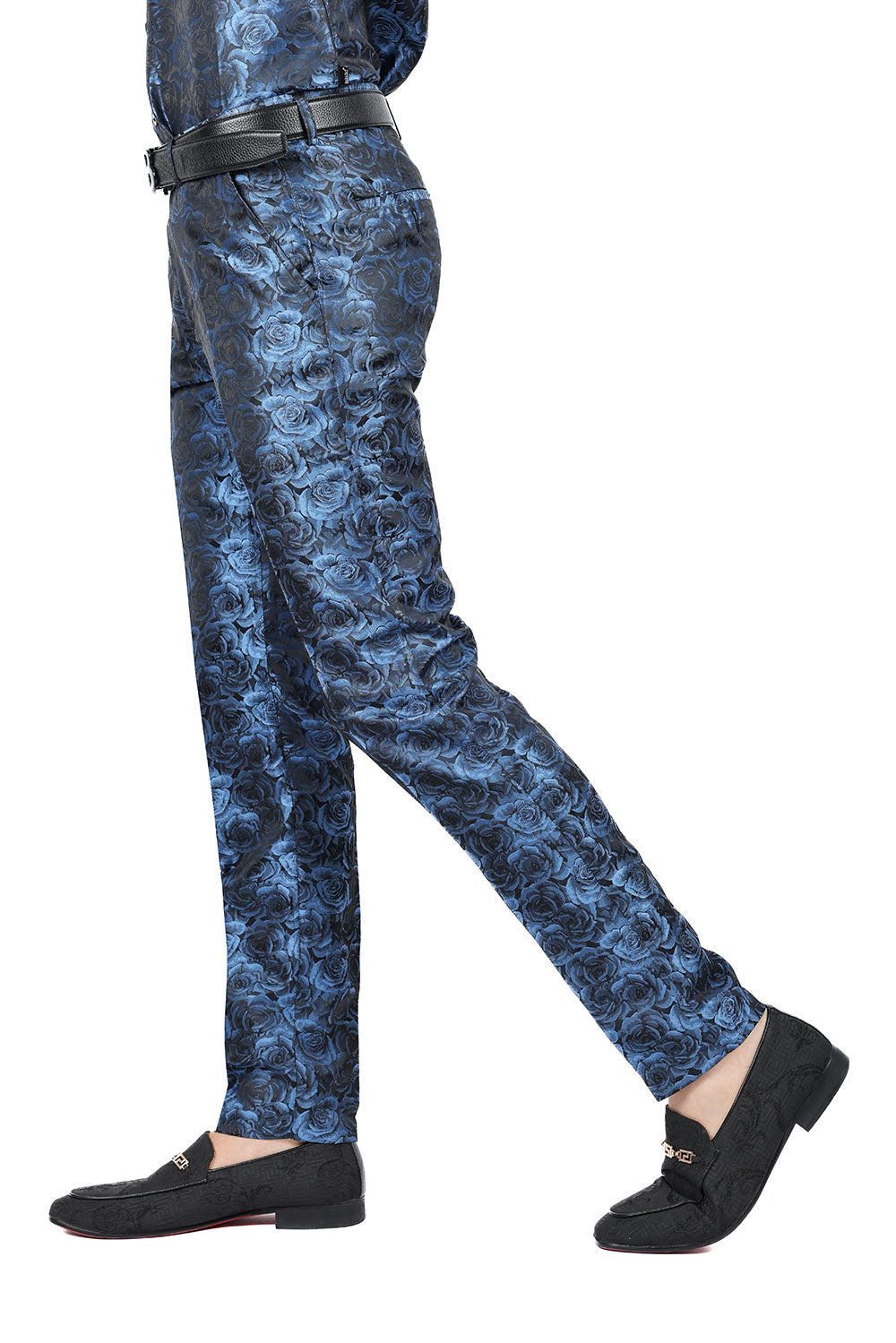 Barabas Men's Floral Rose Shiny Metallic Dress Pants 2CP03 Blue