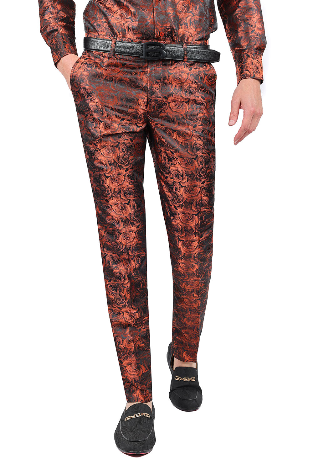 Barabas Men's Floral Rose Shiny Metallic Dress Pants 2CP03 Orange