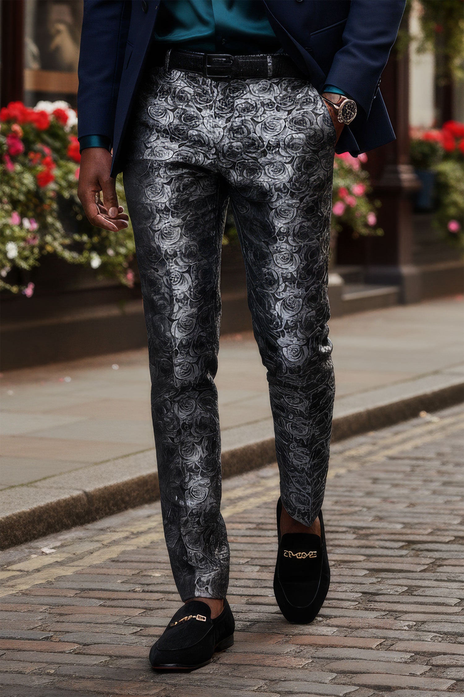 Barabas Men's Floral Rose Shiny Metallic Dress Pants 2CP03 Shiny Grey