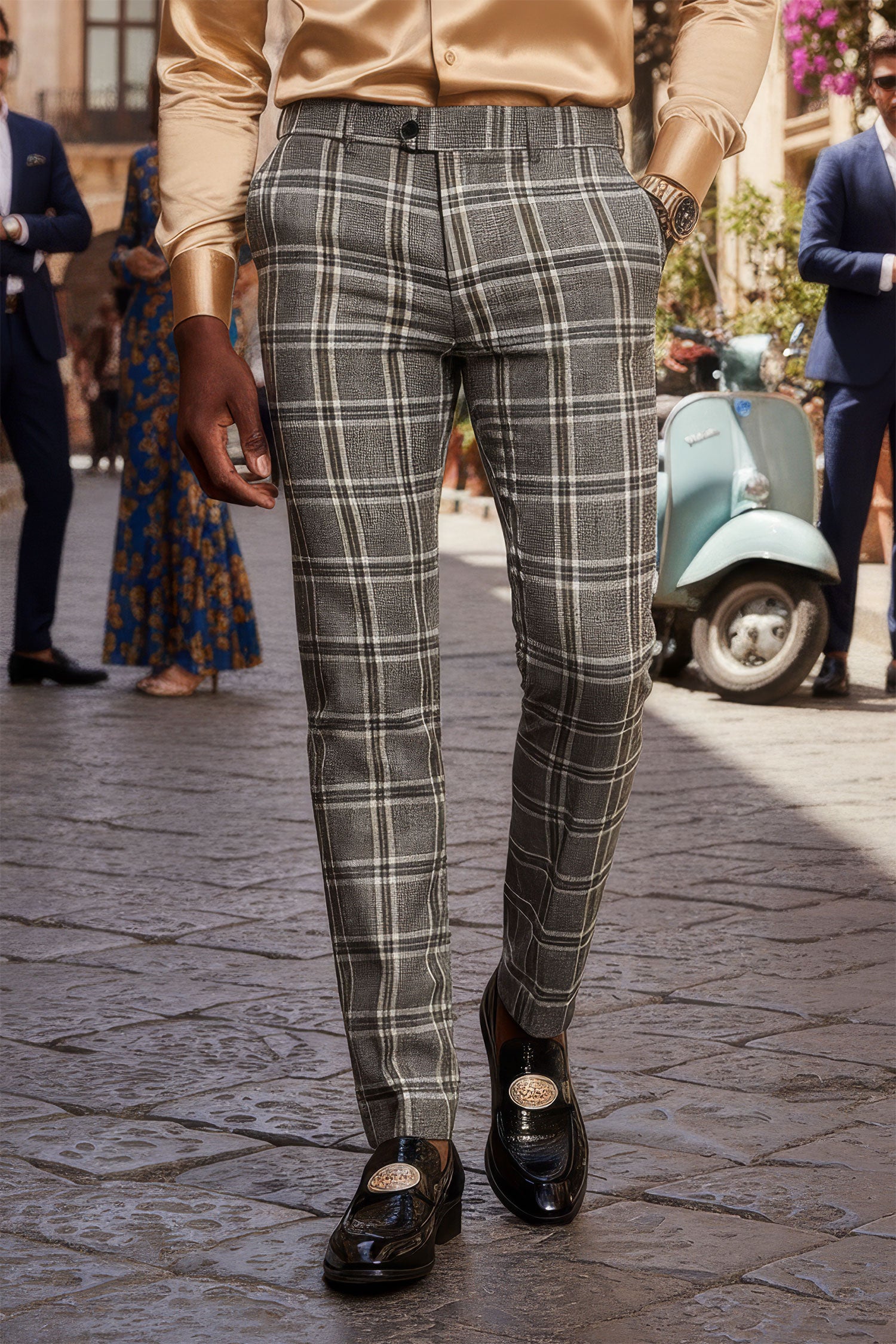 Barabas Men's Printed Checkered  Plaid Design Chino Pants  2CP187 Grey Gold