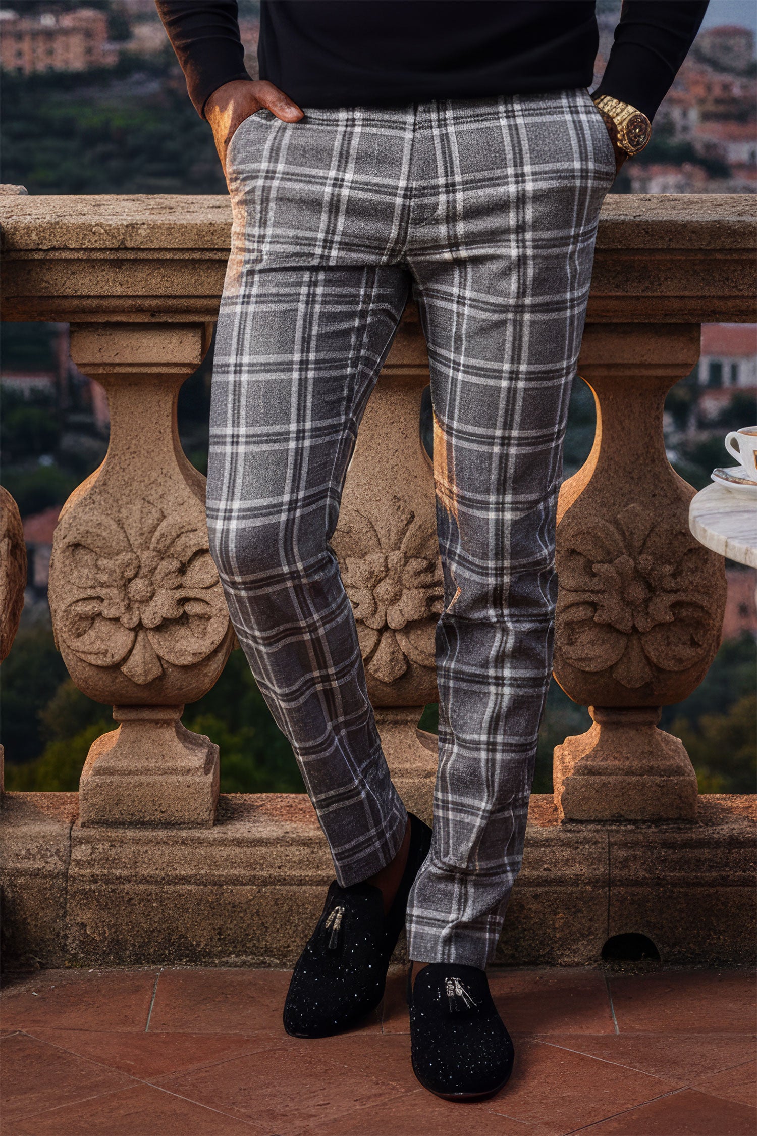 Barabas Men's Printed Checkered  Plaid Design Chino Pants  2CP187 Grey Silver