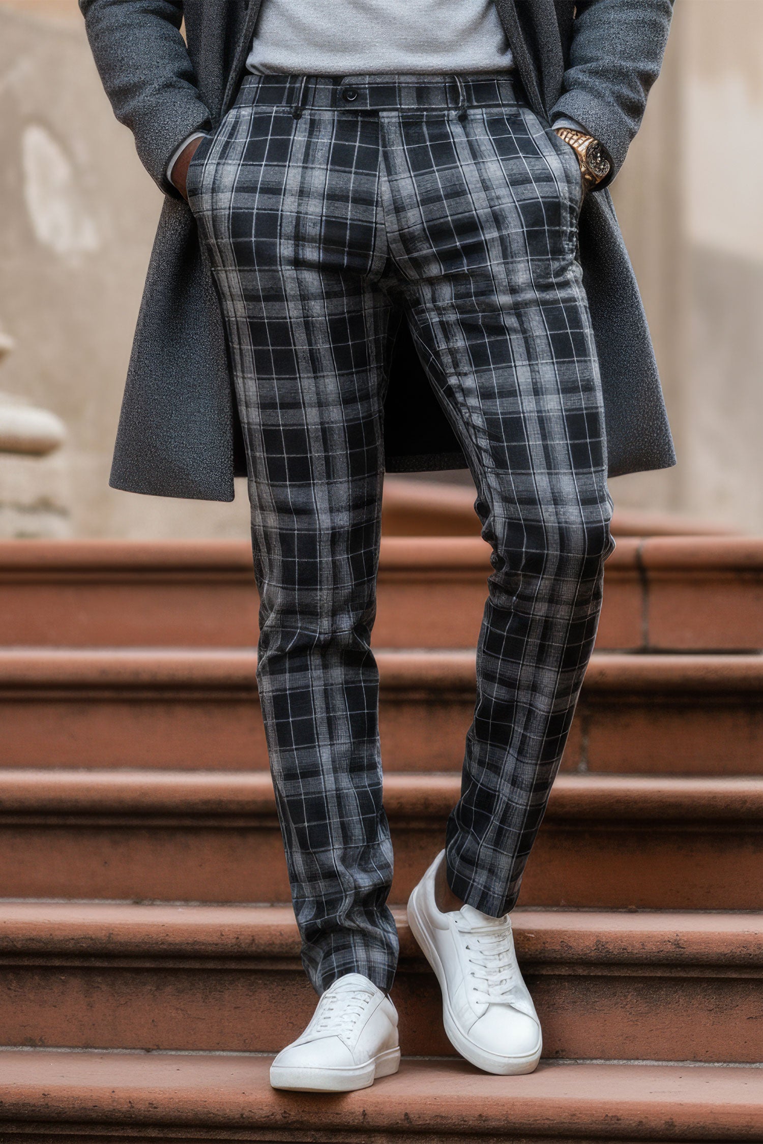 BARABAS men's plaid checkered Rhinestone chino dress pants 2CP193 Black Grey