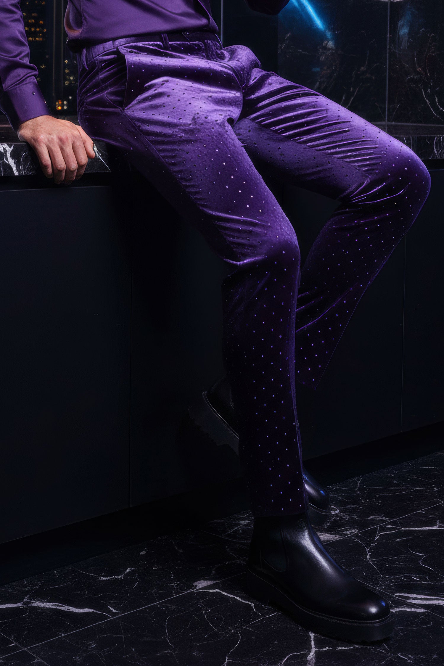 Barabas Men's Rhinestone Velvet Slim Fit Chino Dress Pants 2CP3020 Purple
