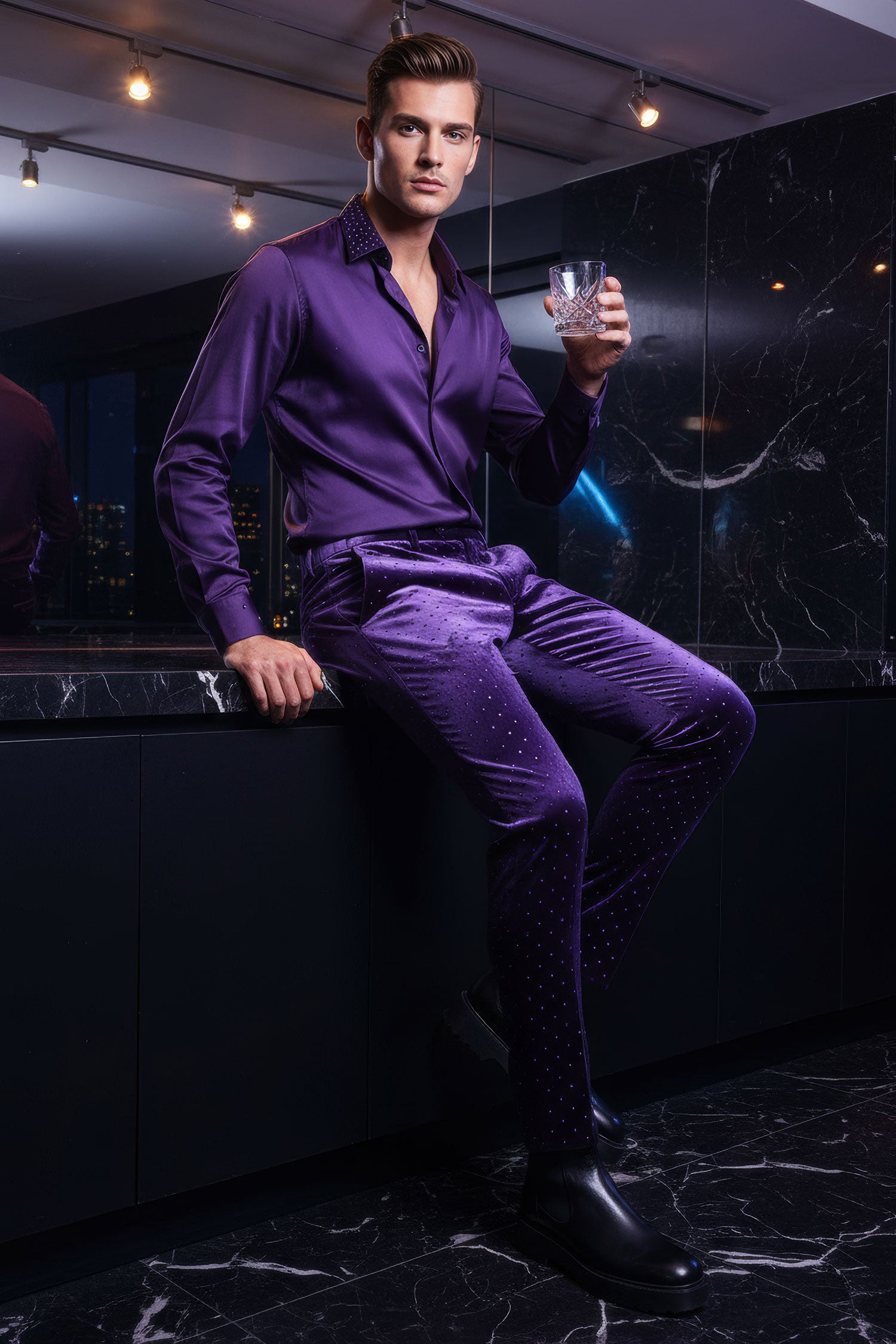 Barabas Men's Rhinestone Velvet Slim Fit Chino Dress Pants 2CP3020 Purple