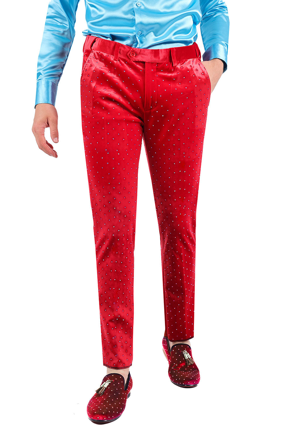 Barabas Men's Rhinestone Velvet Slim Fit Chino Dress Pants 2CP3020 Red