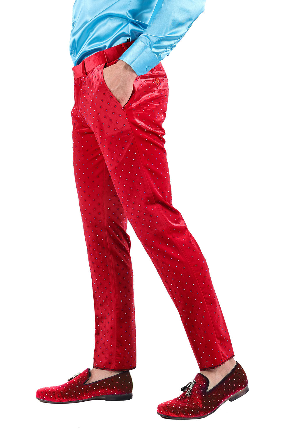 Barabas Men's Rhinestone Velvet Slim Fit Chino Dress Pants 2CP3020 Red