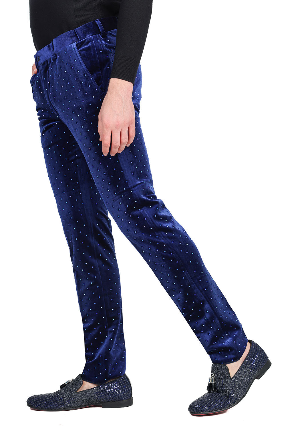 Barabas Men's Rhinestone Velvet Slim Fit Chino Dress Pants 2CP3020 Navy