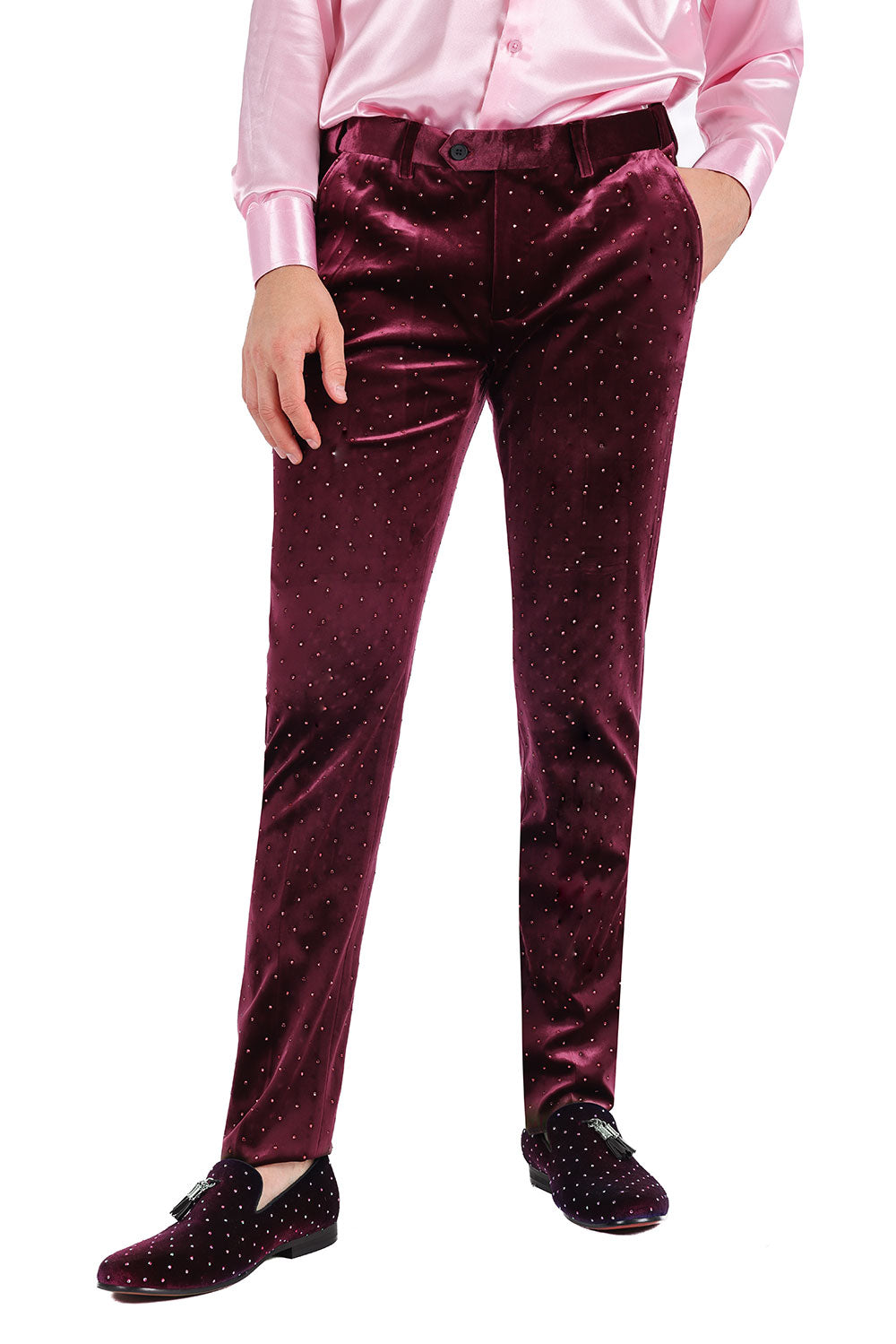 Barabas Men's Rhinestone Velvet Slim Fit Chino Dress Pants 2CP3020 Wine