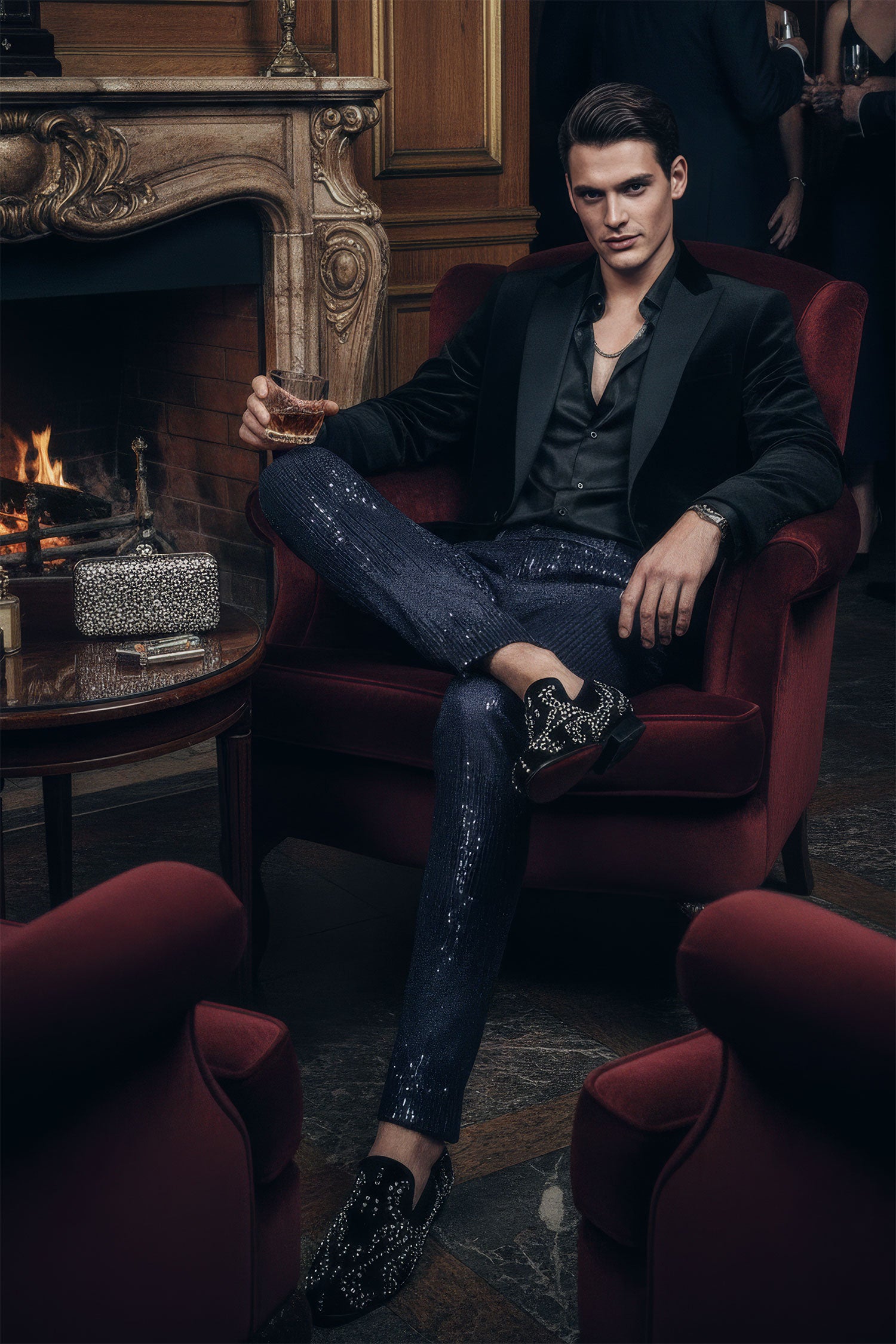 BARABAS Men's Rhinestone Sequin Design Shiny Luxury Pants CP3085 Navy