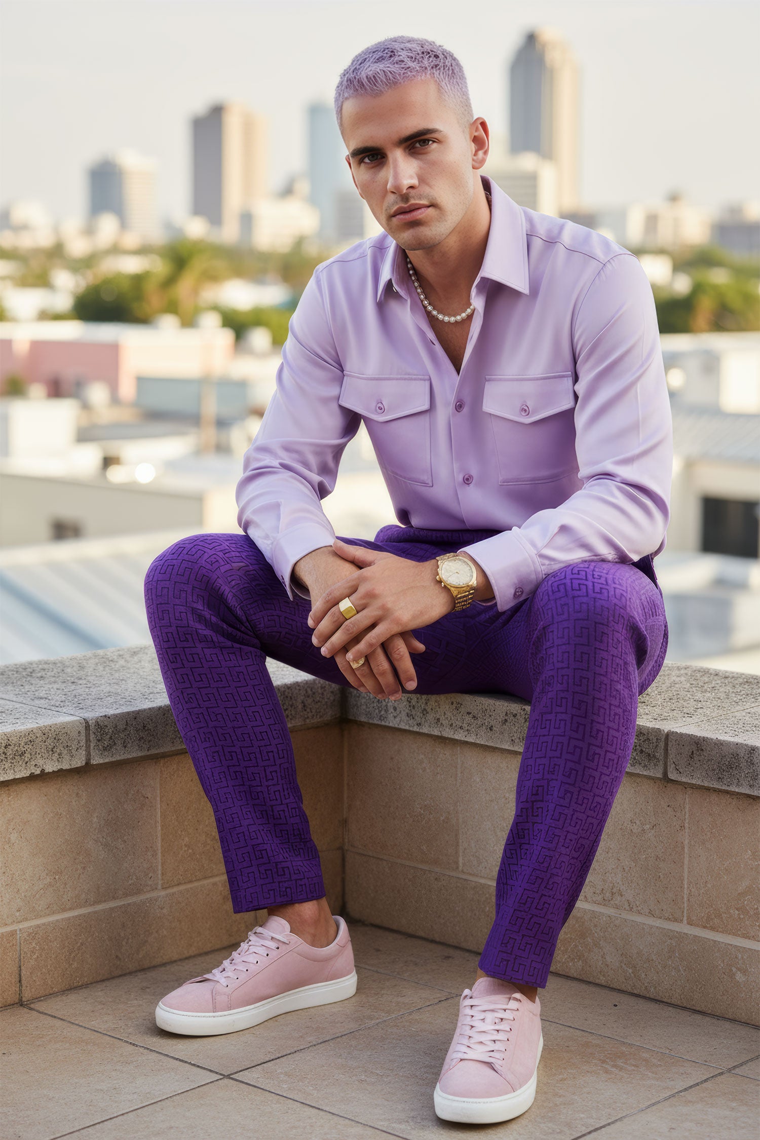 Barabas Men's Greek Pattern Baroque Luxury Pants 2CP3087 Purple Black