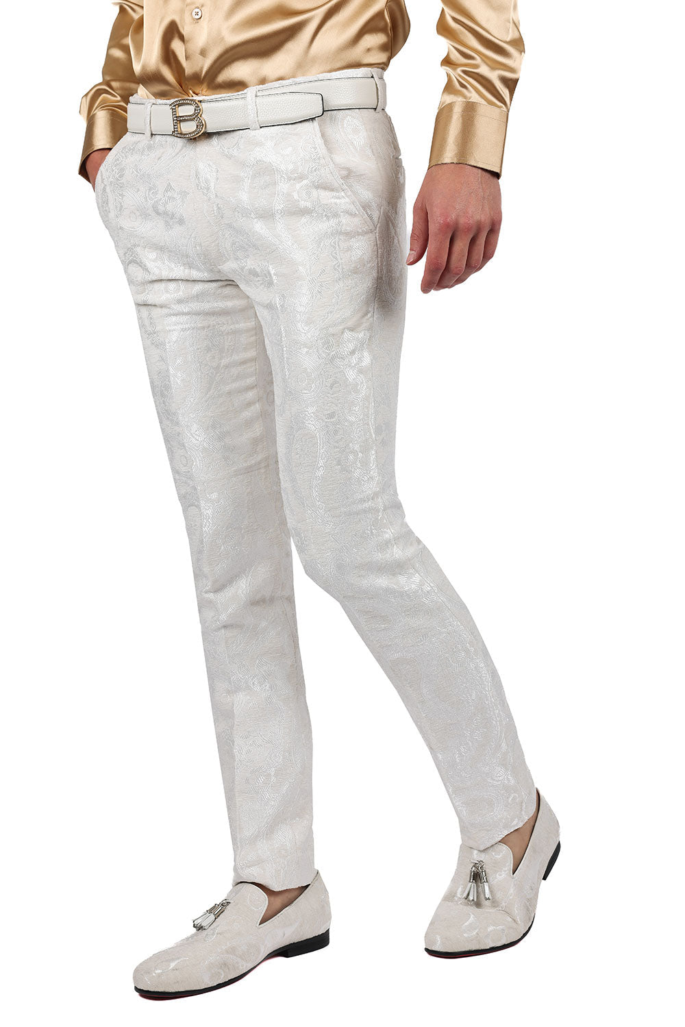 Barabas Men's Paisley Floral Print Design Luxury Pants 2CP3101 White