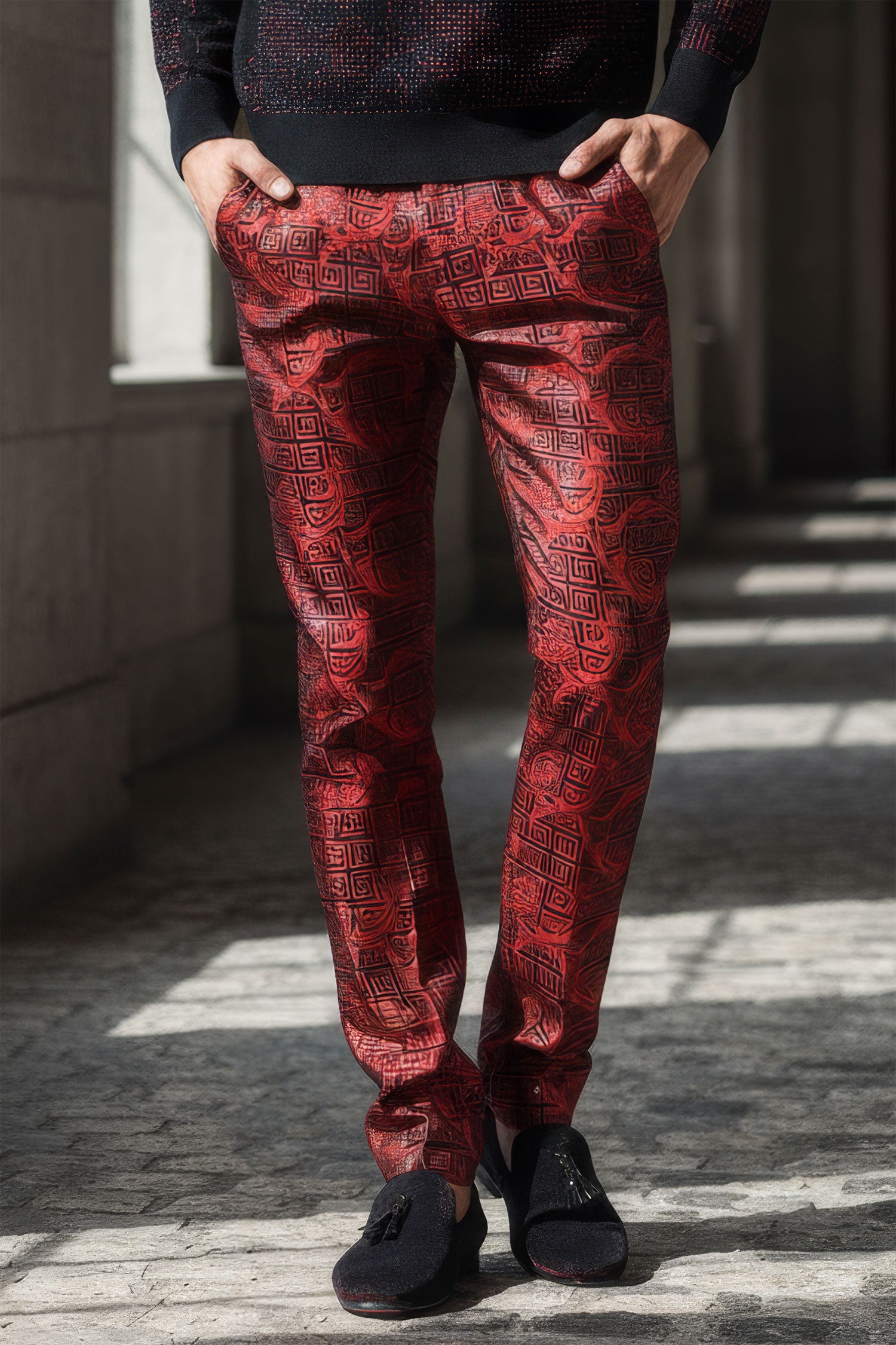 Barabas Men's Shiny Greek Fret Prints Design Chino Pants 2CP3102 Red Black