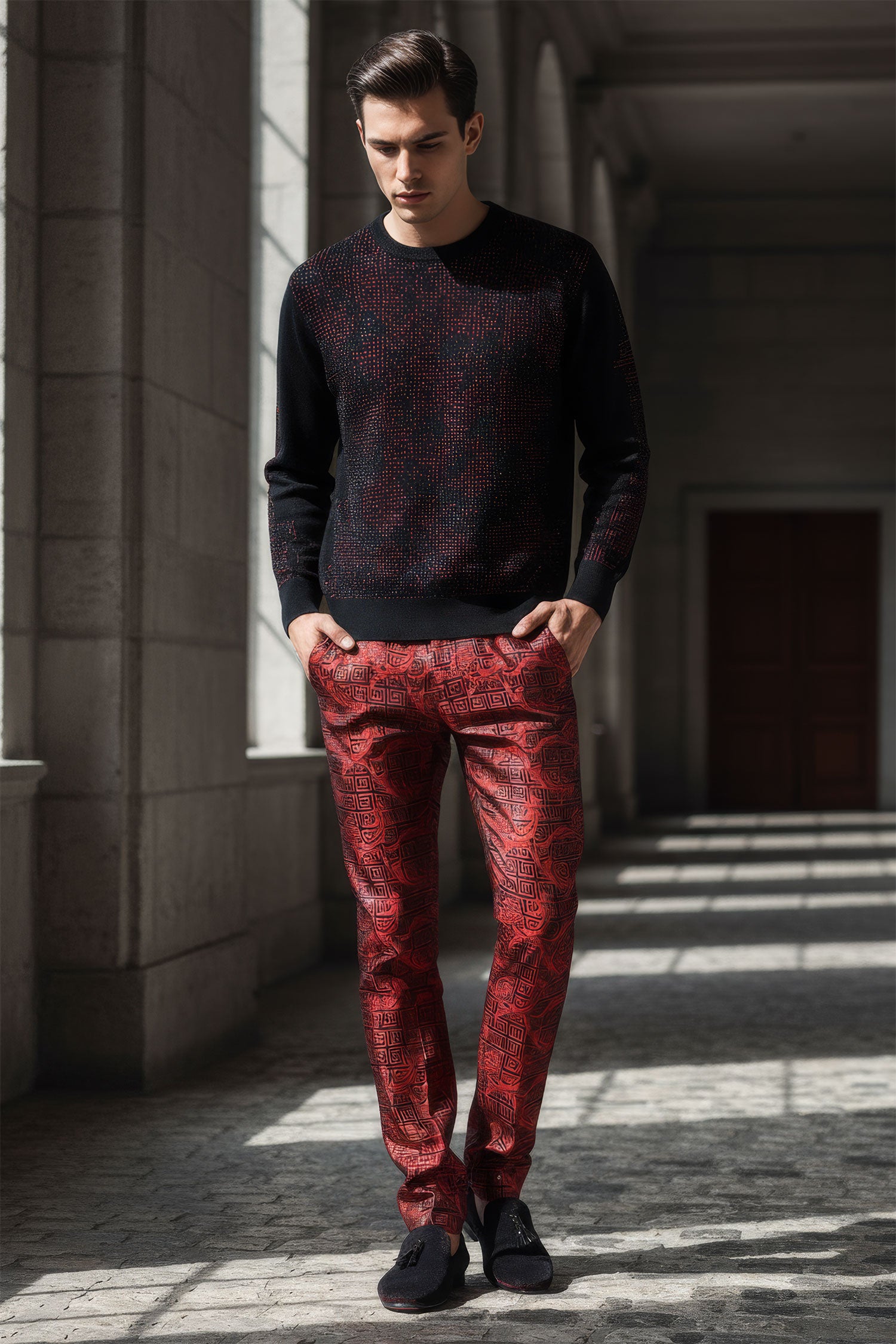 Barabas Men's Shiny Greek Fret Prints Design Chino Pants 2CP3102 Red Black