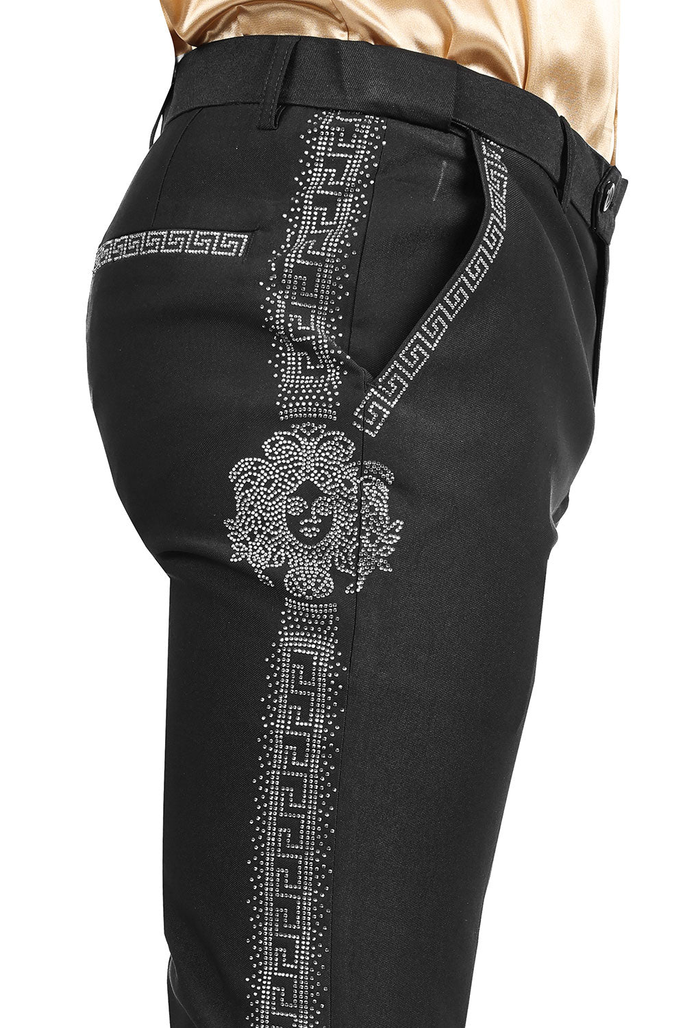 Barabas Men's Medusa Greek Key Pattern Rhinestone Dress Pants 2CPR12 Black and Silver