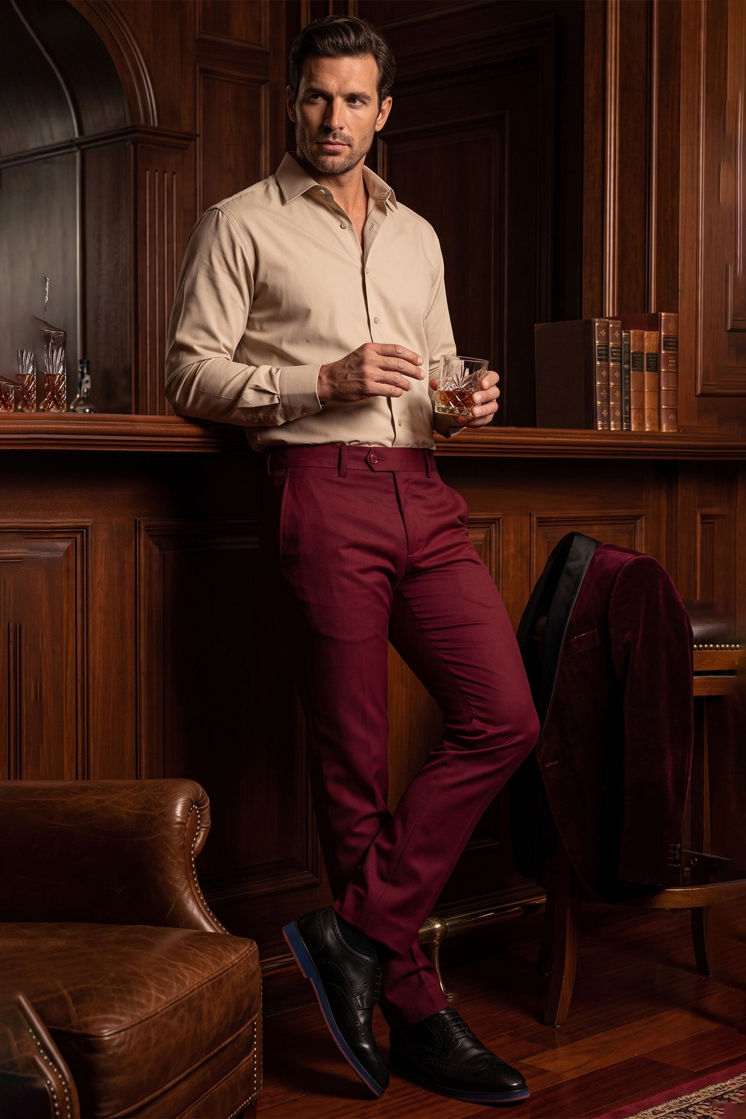 Barabas Men's Matte Solid Color Chino Dress Pants 2CPR6 Cabarnet