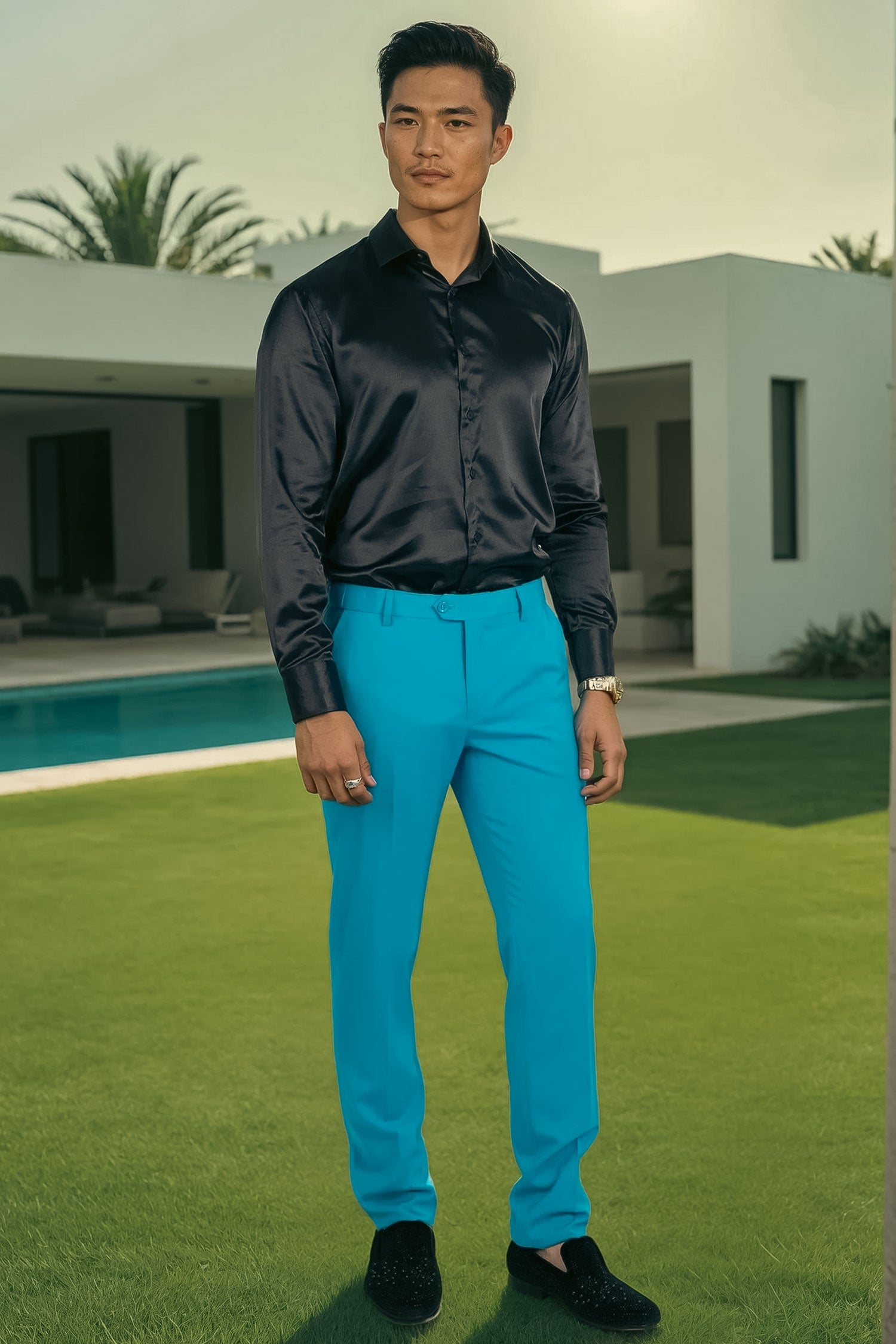 Barabas Men's Matte Solid Color Chino Dress Pants 2CPR6 Blue