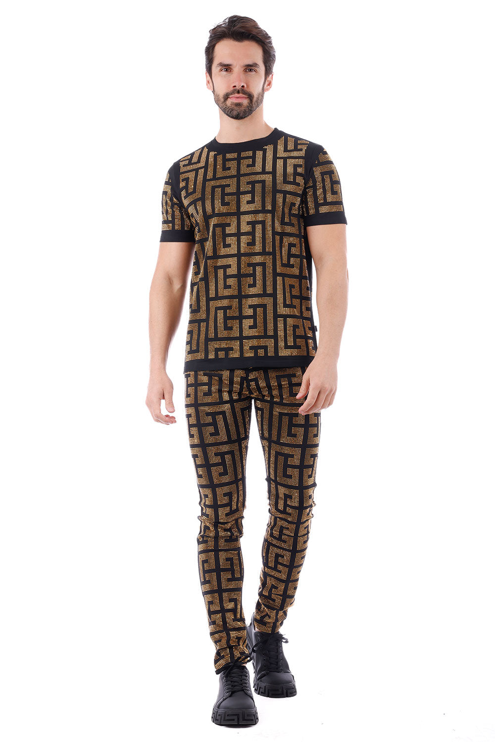 Barabas Men's Greek Key Pattern Rhinestone Jogger Pants 2CPR7 Gold