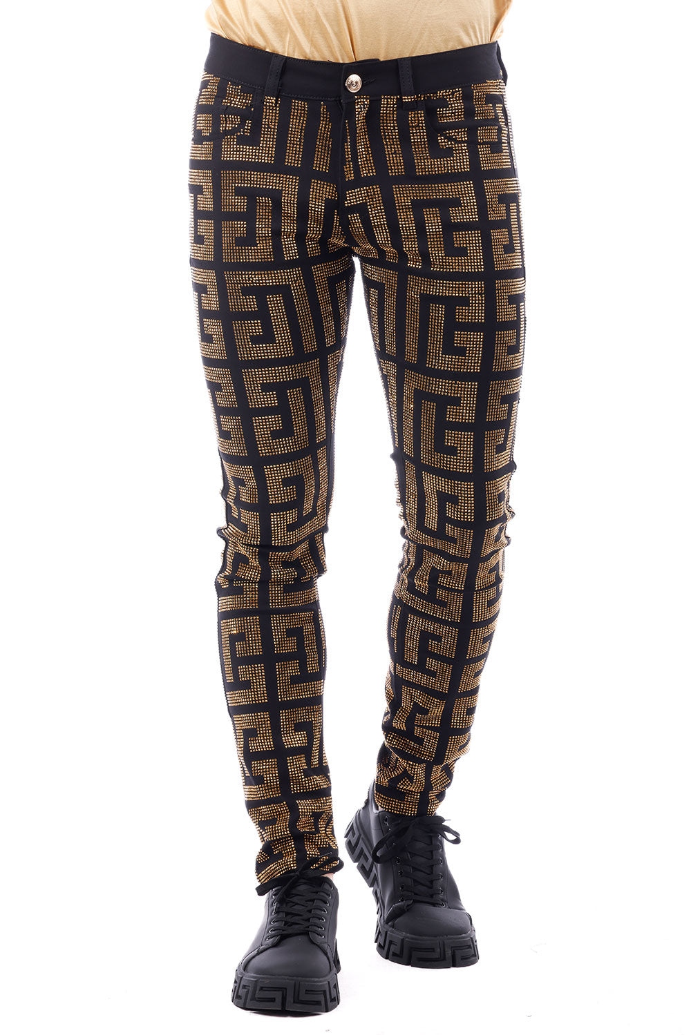 Barabas Men's Greek Key Pattern Rhinestone Jogger Pants 2CPR7 Gold