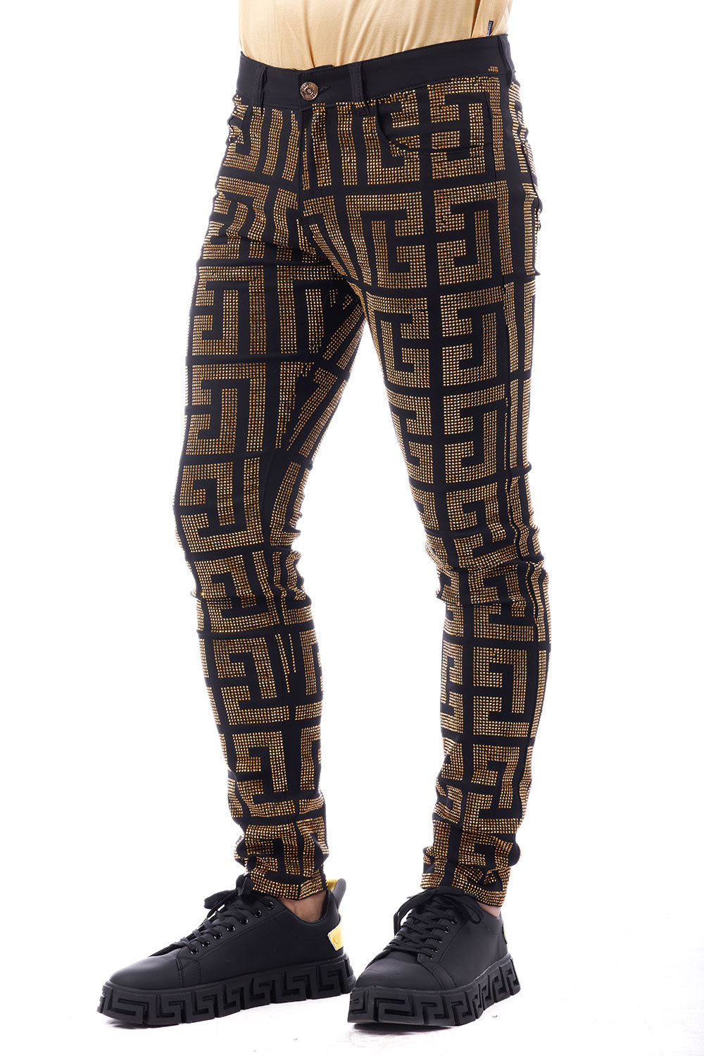 Barabas Men's Greek Key Pattern Rhinestone Jogger Pants 2CPR7 Gold