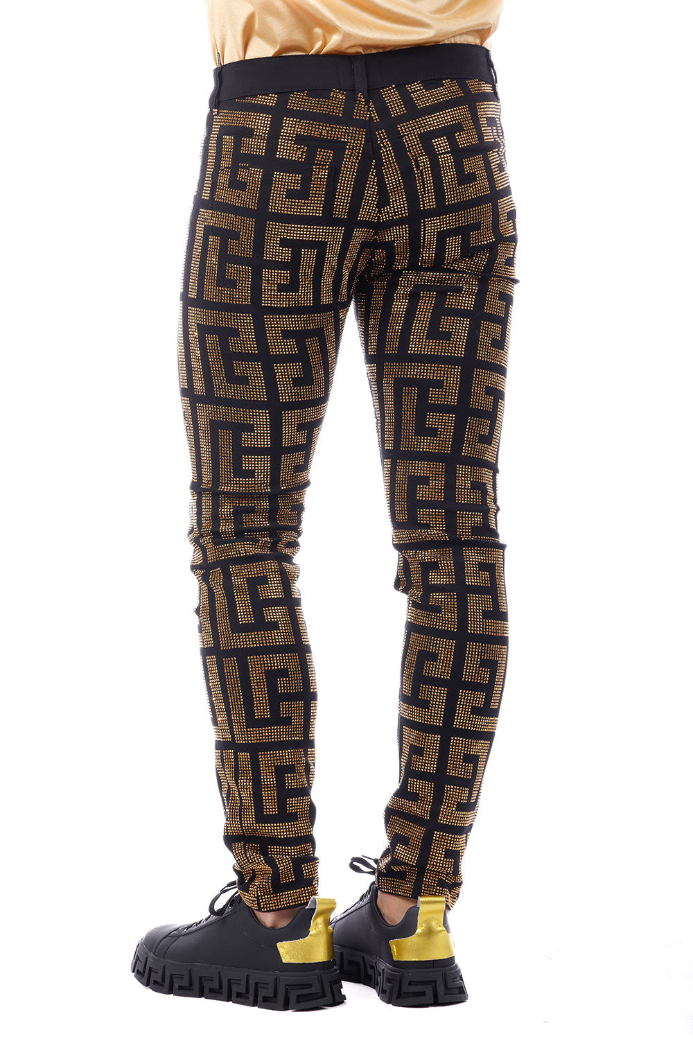  Barabas Men's Greek Key Pattern Rhinestone Jogger Pants 2CPR7 Black Gold